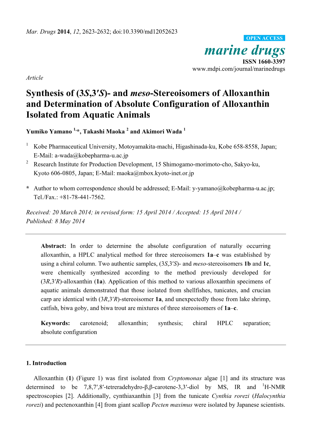 Synthesis of (3S,3′S)- and Meso-Stereoisomers of Alloxanthin and Determination of Absolute Configuration of Alloxanthin Isolated from Aquatic Animals