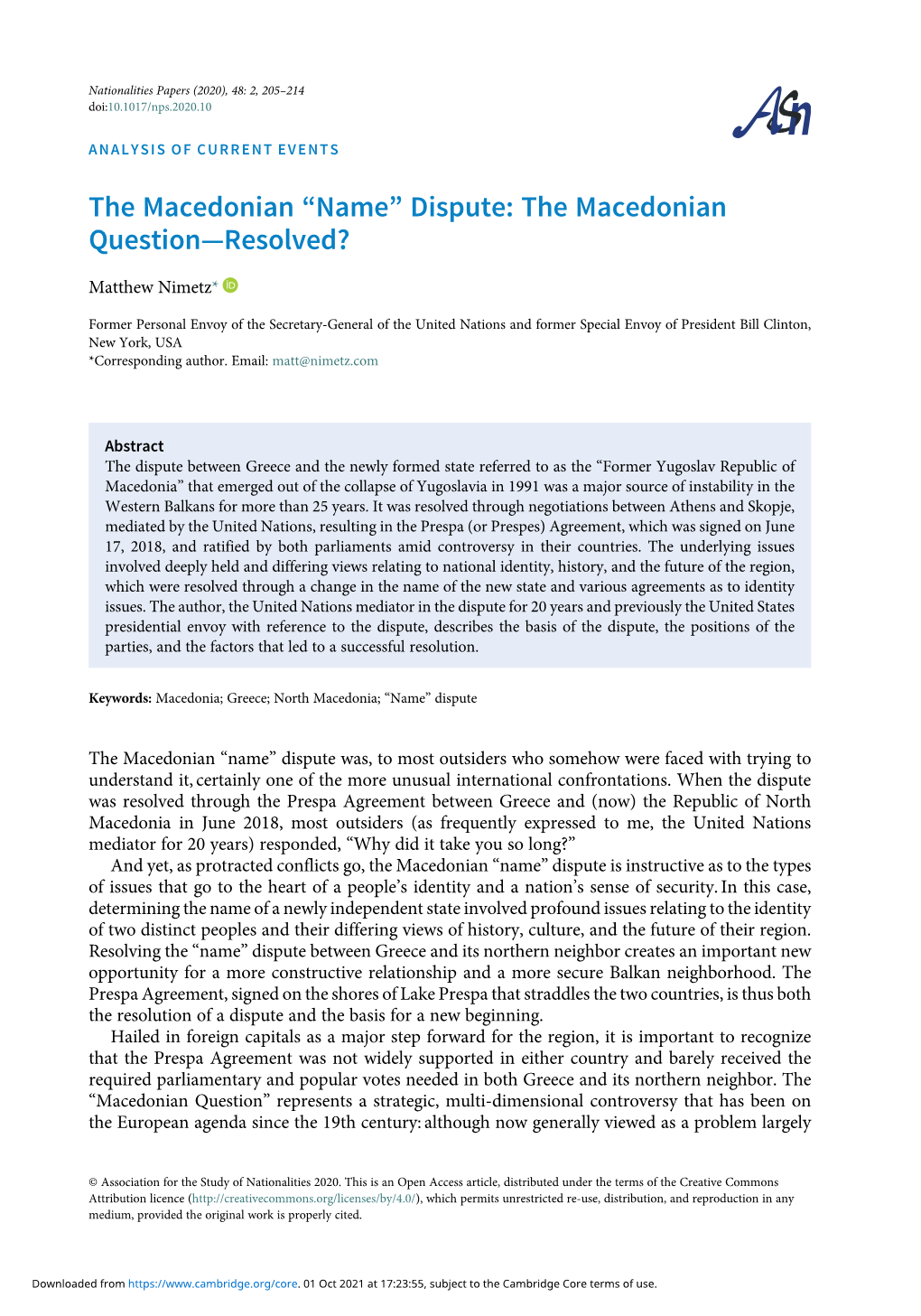 The Macedonian “Name” Dispute: the Macedonian Question—Resolved?