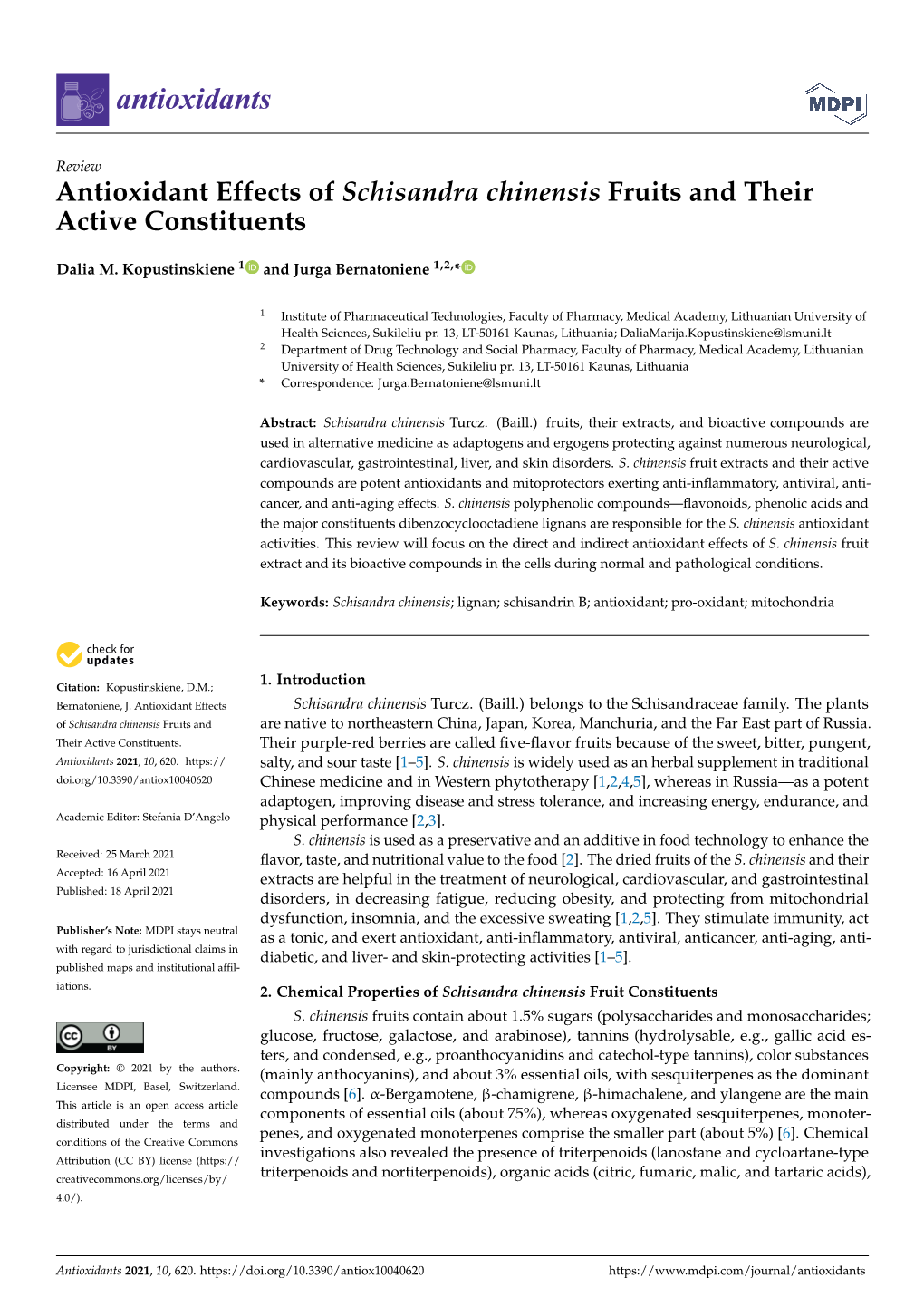 Antioxidant Effects of Schisandra Chinensis Fruits and Their Active Constituents