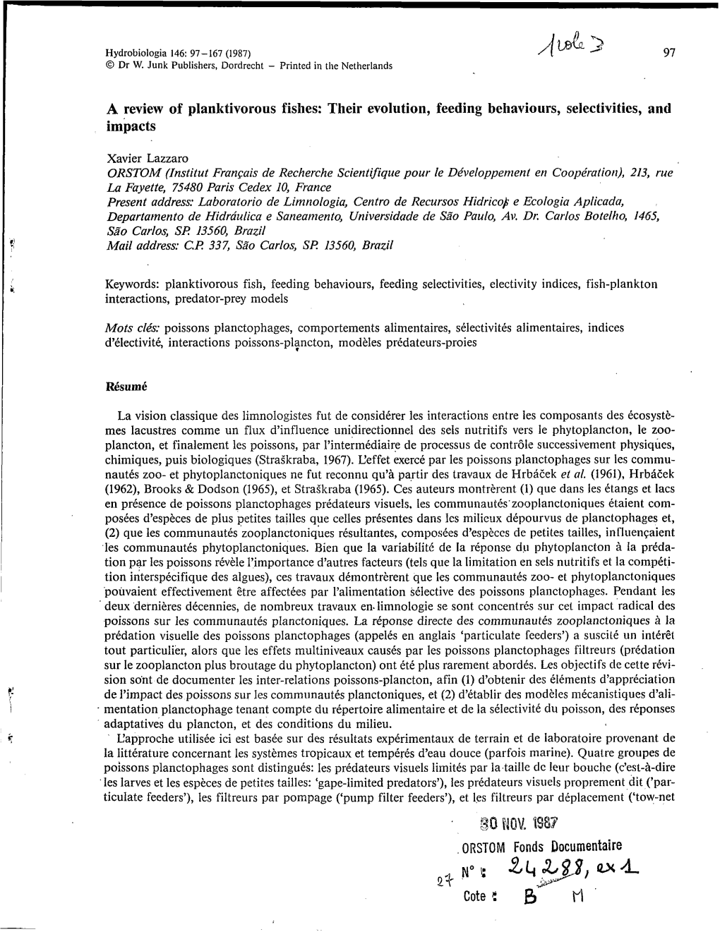 A Review of Planktivorous Fishes: Their Evolution, Feeding Behaviours, Selectivities, and Impacts