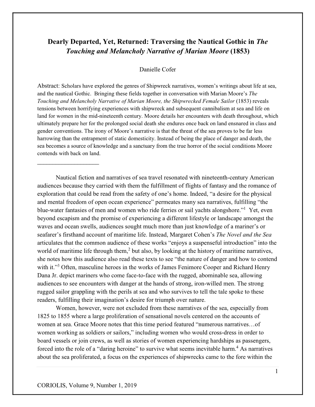 Traversing the Nautical Gothic in the Touching and Melancholy Narrative of Marian Moore (1853)