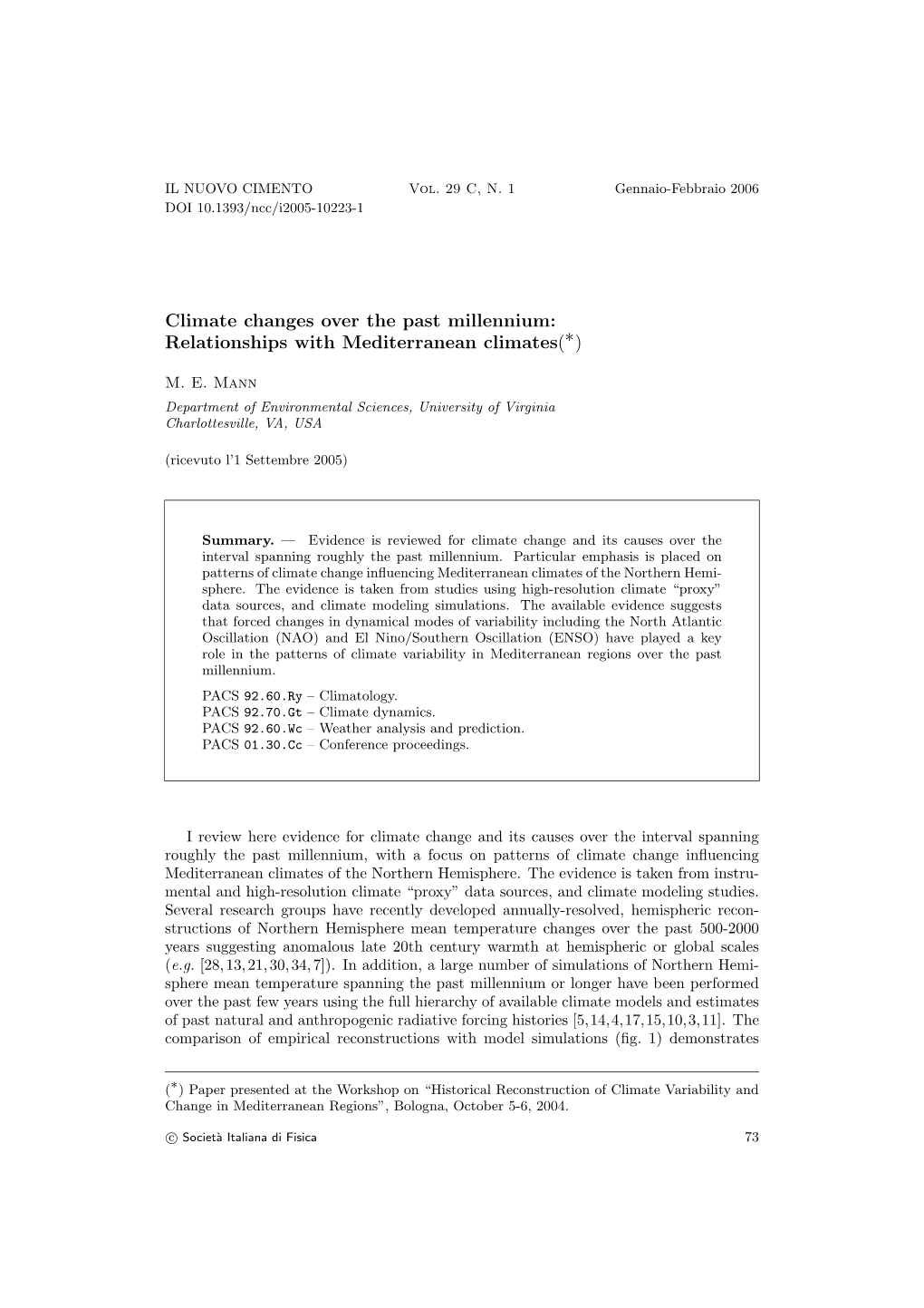 Climate Changes Over the Past Millennium: ∗ Relationships with Mediterranean Climates( )