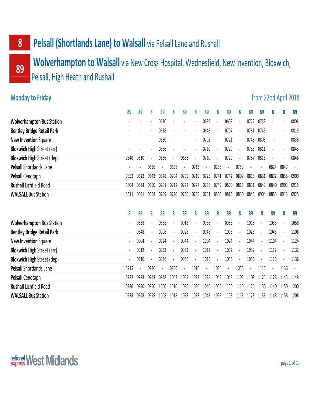 8 Pelsall (Shortlands Lane) to Walsall Via Pelsall Lane and Rushall 89