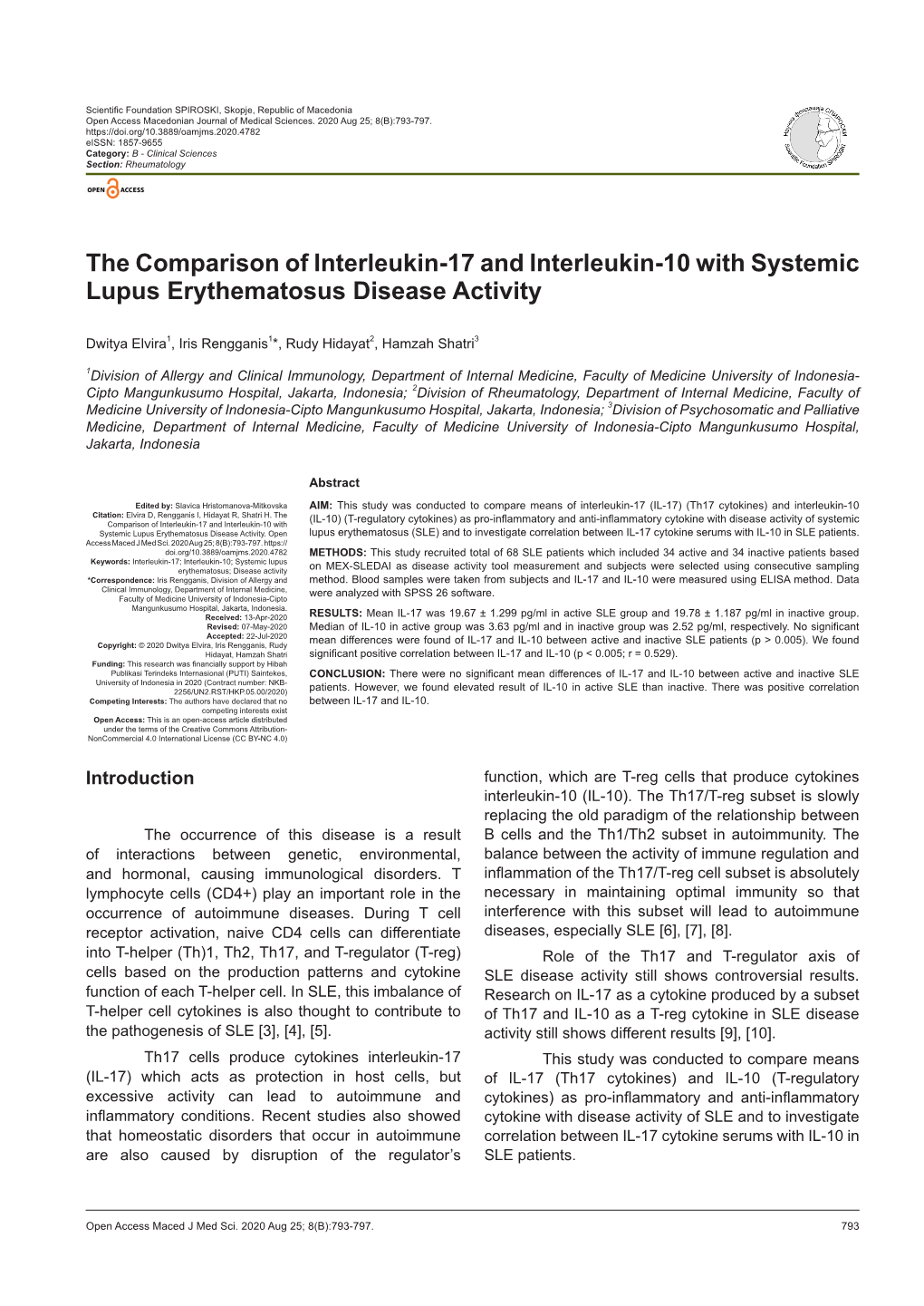 The Comparison of Interleukin-17 and Interleukin-10 with Systemic Lupus Erythematosus Disease Activity