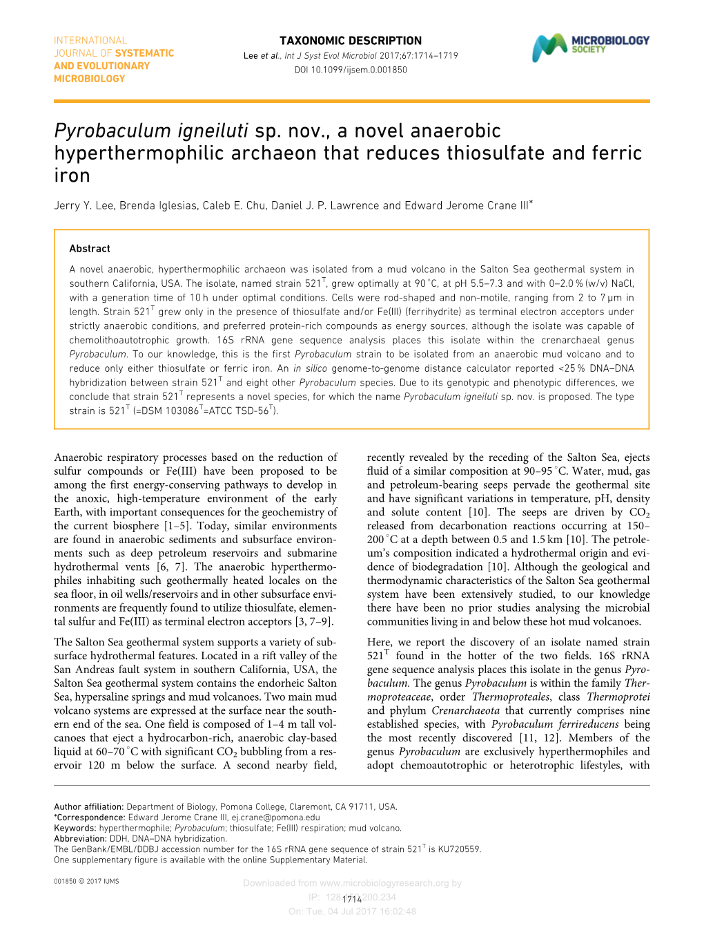 Pyrobaculum Igneiluti Sp. Nov., a Novel Anaerobic Hyperthermophilic Archaeon That Reduces Thiosulfate and Ferric Iron