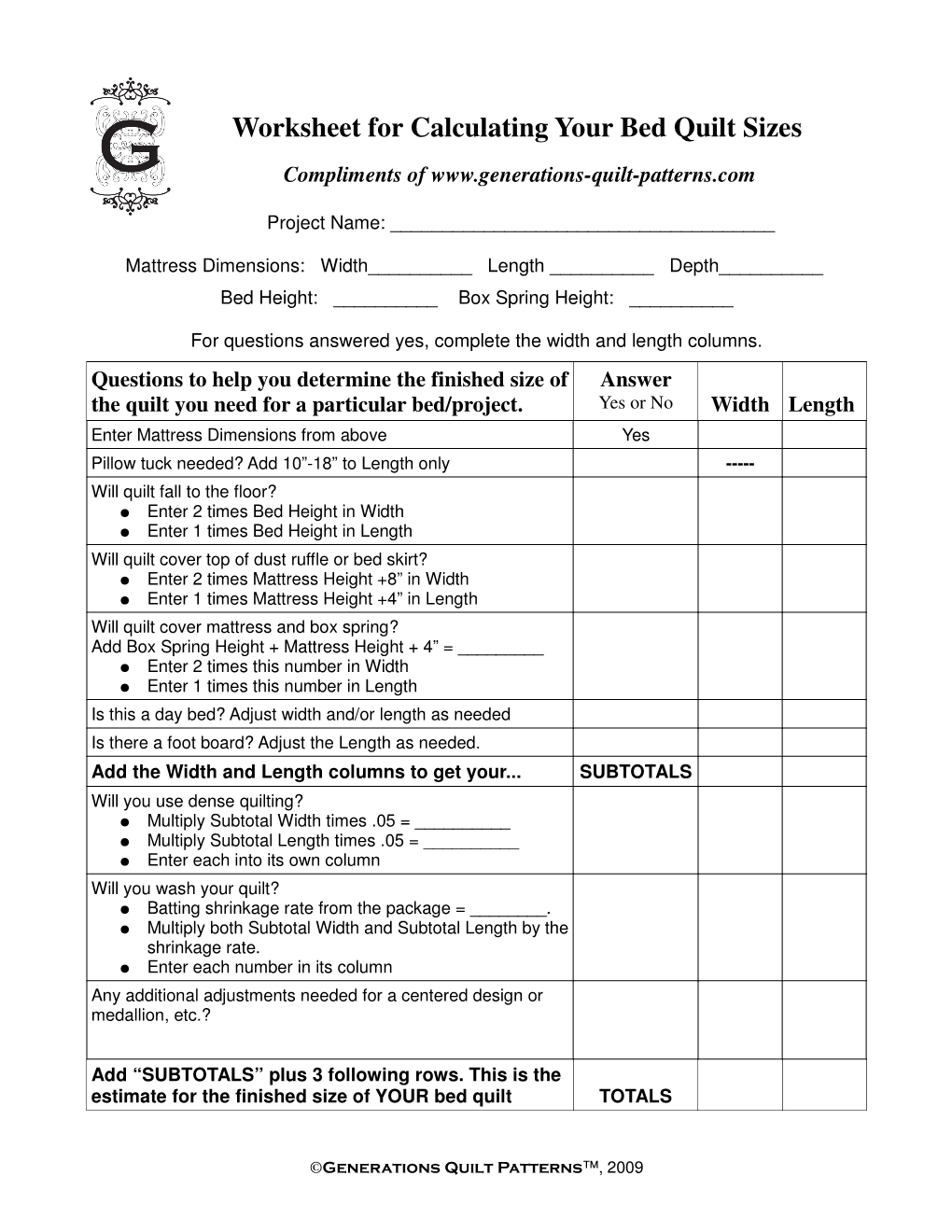 Worksheet for Calculating Your Bed Quilt Sizes