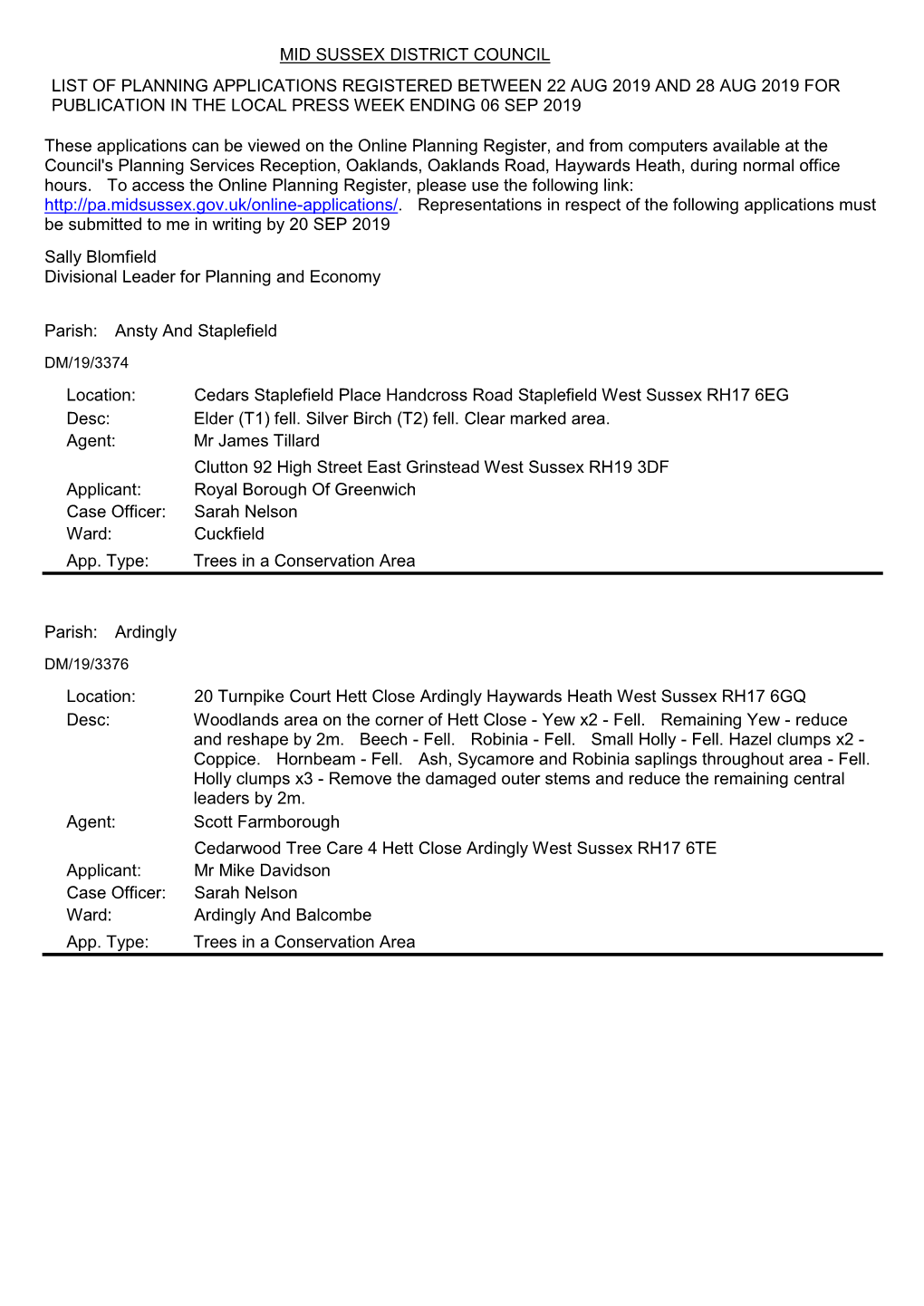 Planning Applications Received 22 Aug to 28 Aug 2019