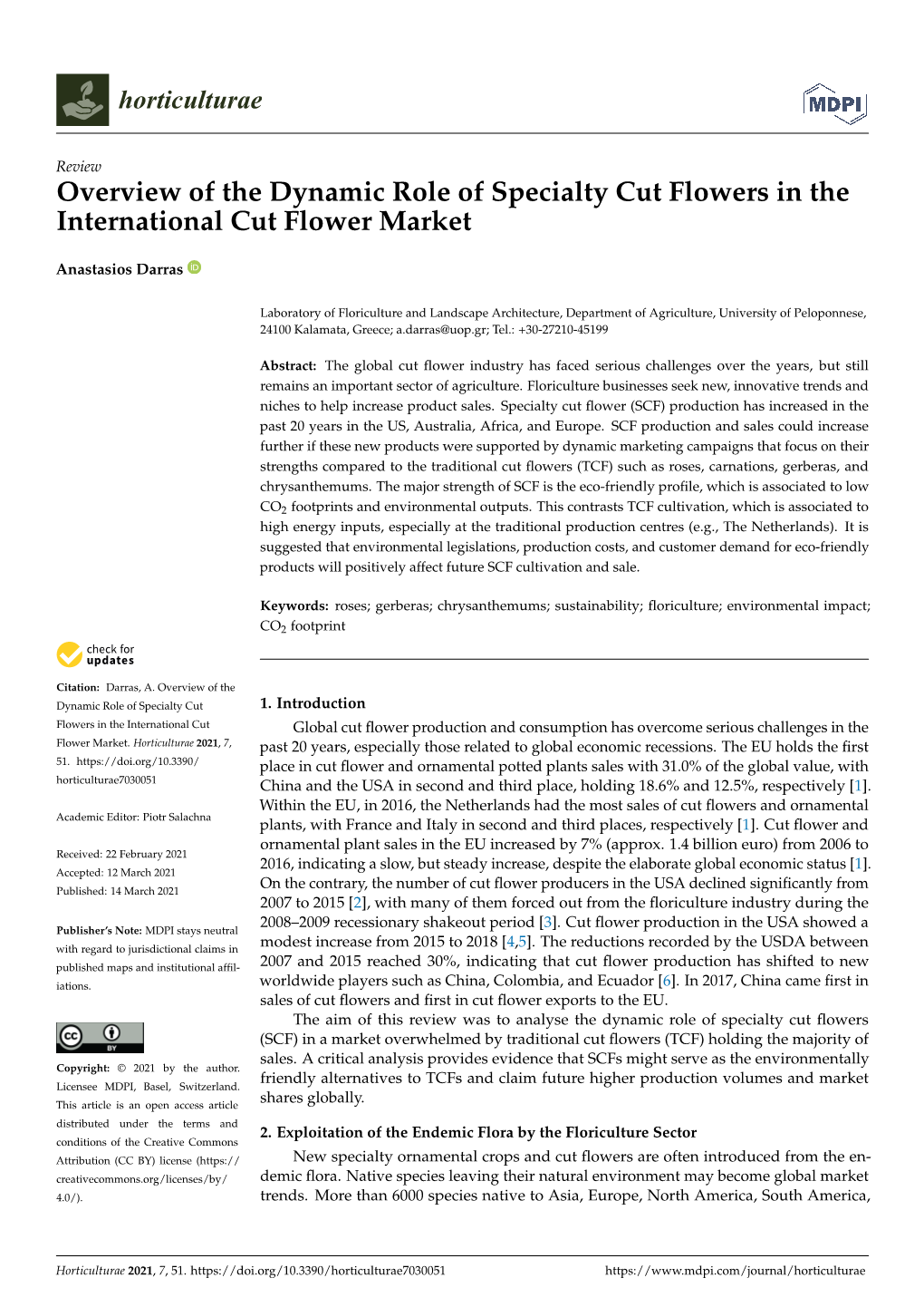 Overview of the Dynamic Role of Specialty Cut Flowers in the International Cut Flower Market