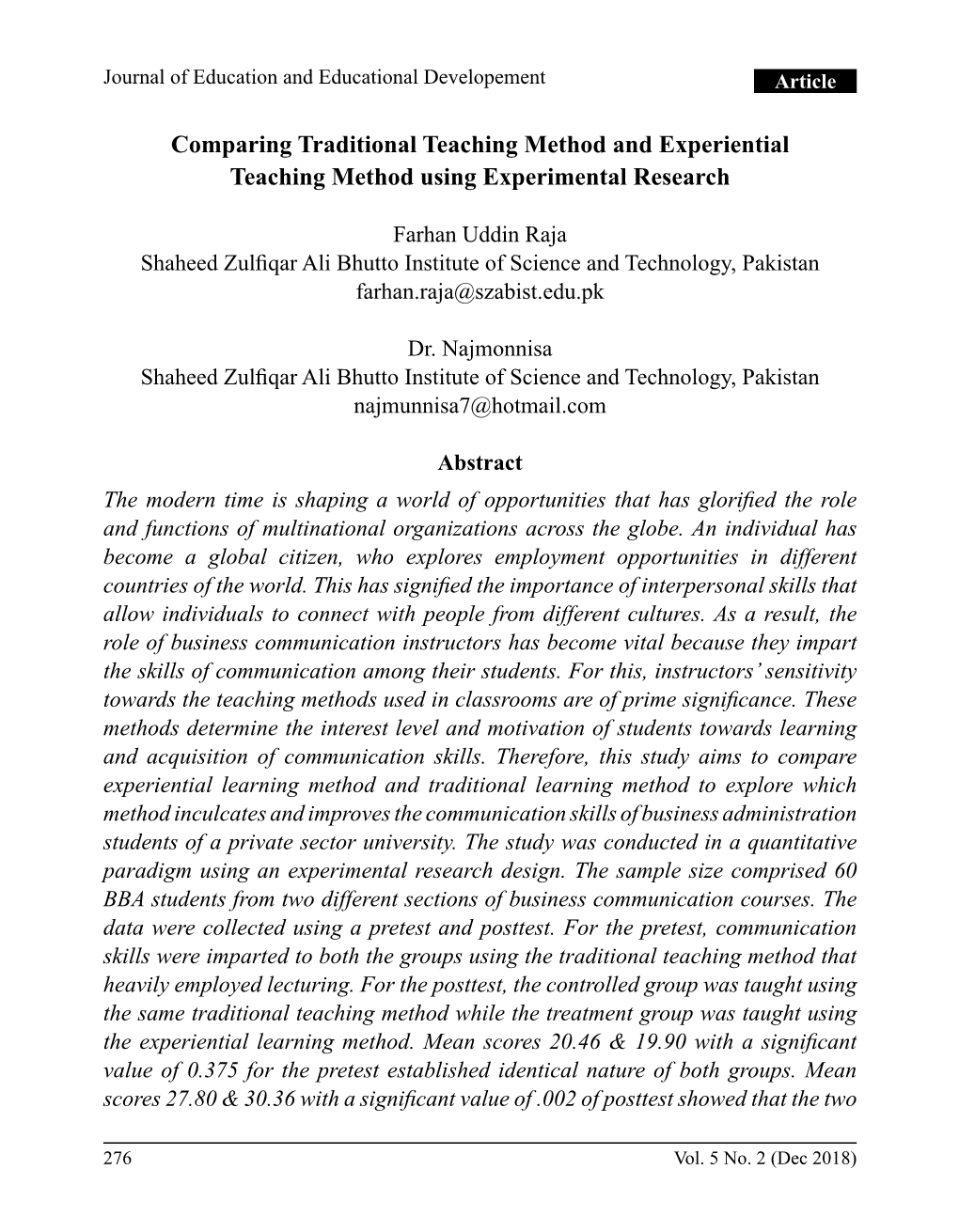Comparing Traditional Teaching Method and Experiential Teaching Method Using Experimental Research