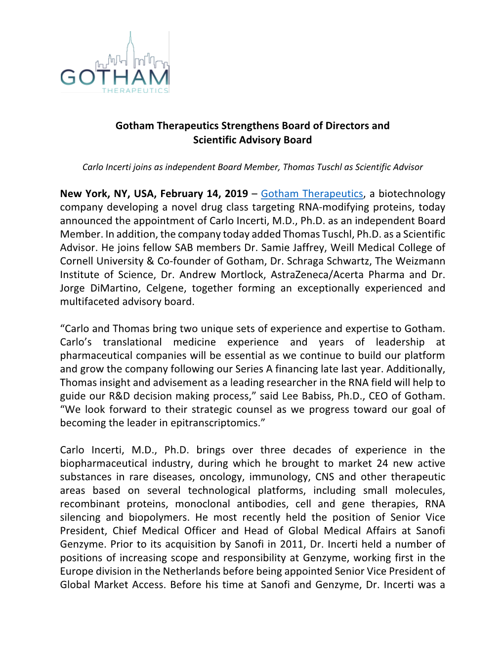 Gotham Therapeutics Strengthens Board of Directors and Scientific Advisory Board