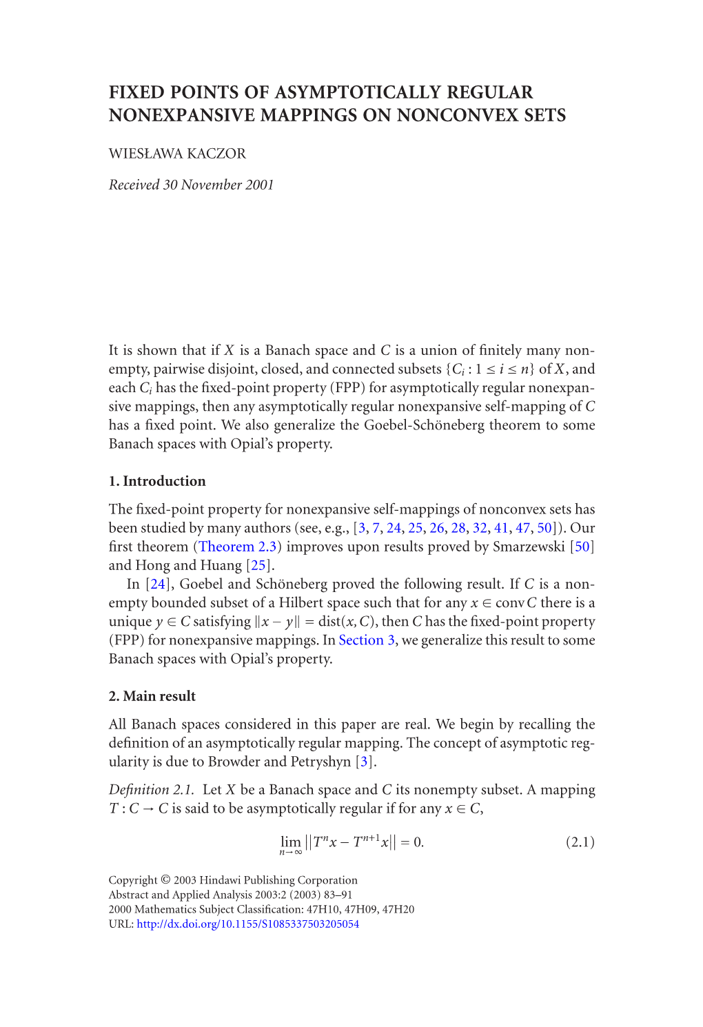 Fixed Points of Asymptotically Regular Nonexpansive Mappings on Nonconvex Sets