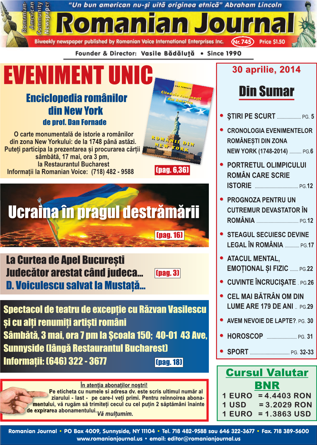 EVENIMENT UNIC ���� Enciclopedia Românilor Din Sumar Din New York •• ŞTIRI PE SCURT