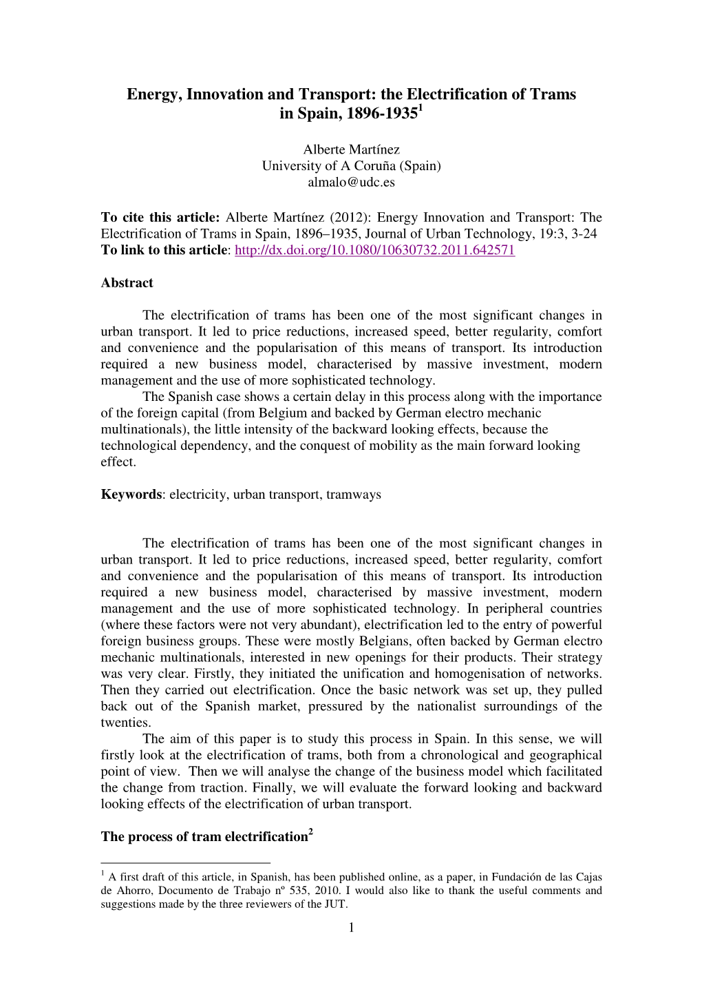 Energy, Innovation and Transport: the Electrification of Trams in Spain, 1896-1935 1