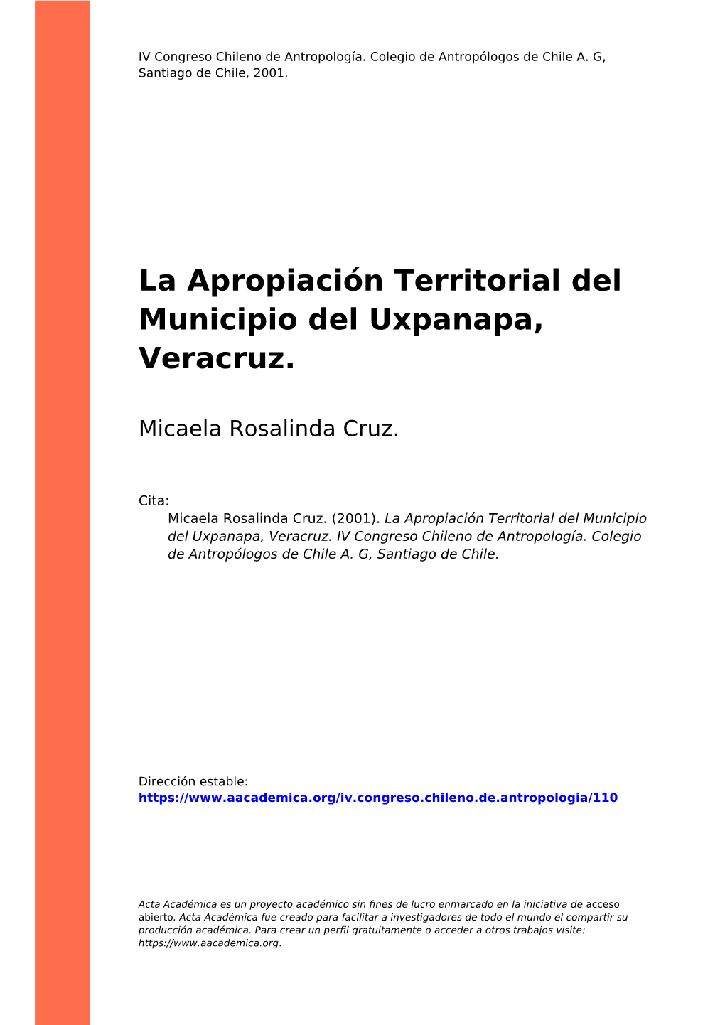 La Apropiación Territorial Del Municipio Del Uxpanapa, Veracruz