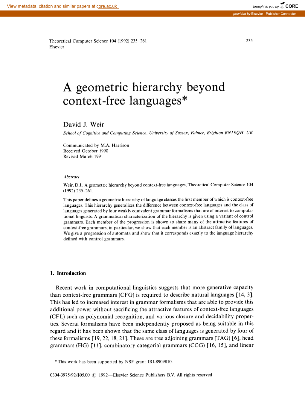 A Geometric Hierarchy Beyond Context-Free Languages*