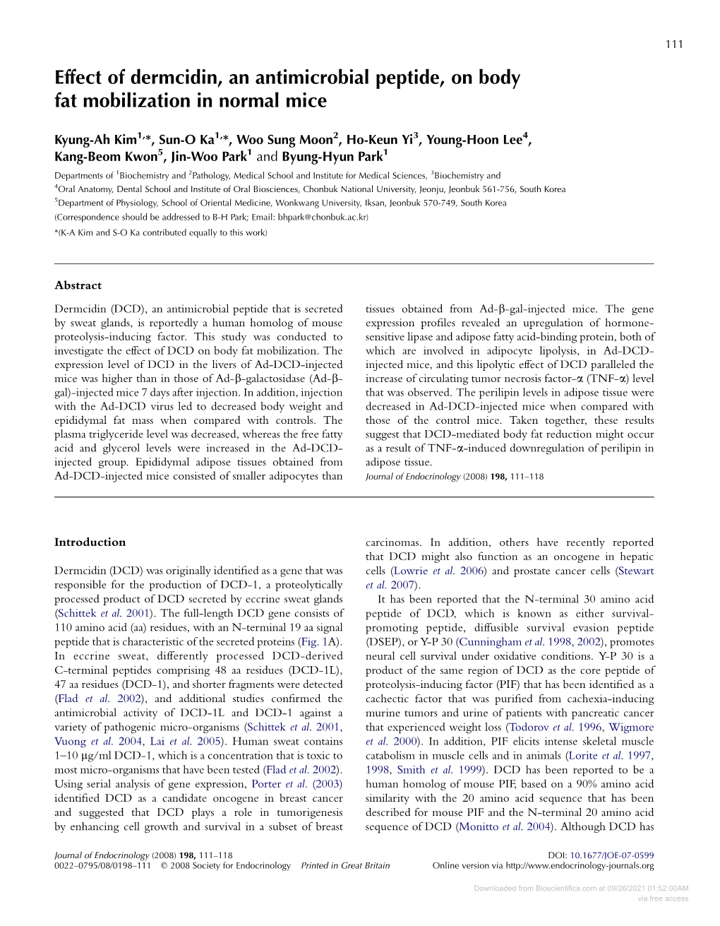 Effect of Dermcidin, an Antimicrobial Peptide, on Body Fat Mobilization in Normal Mice