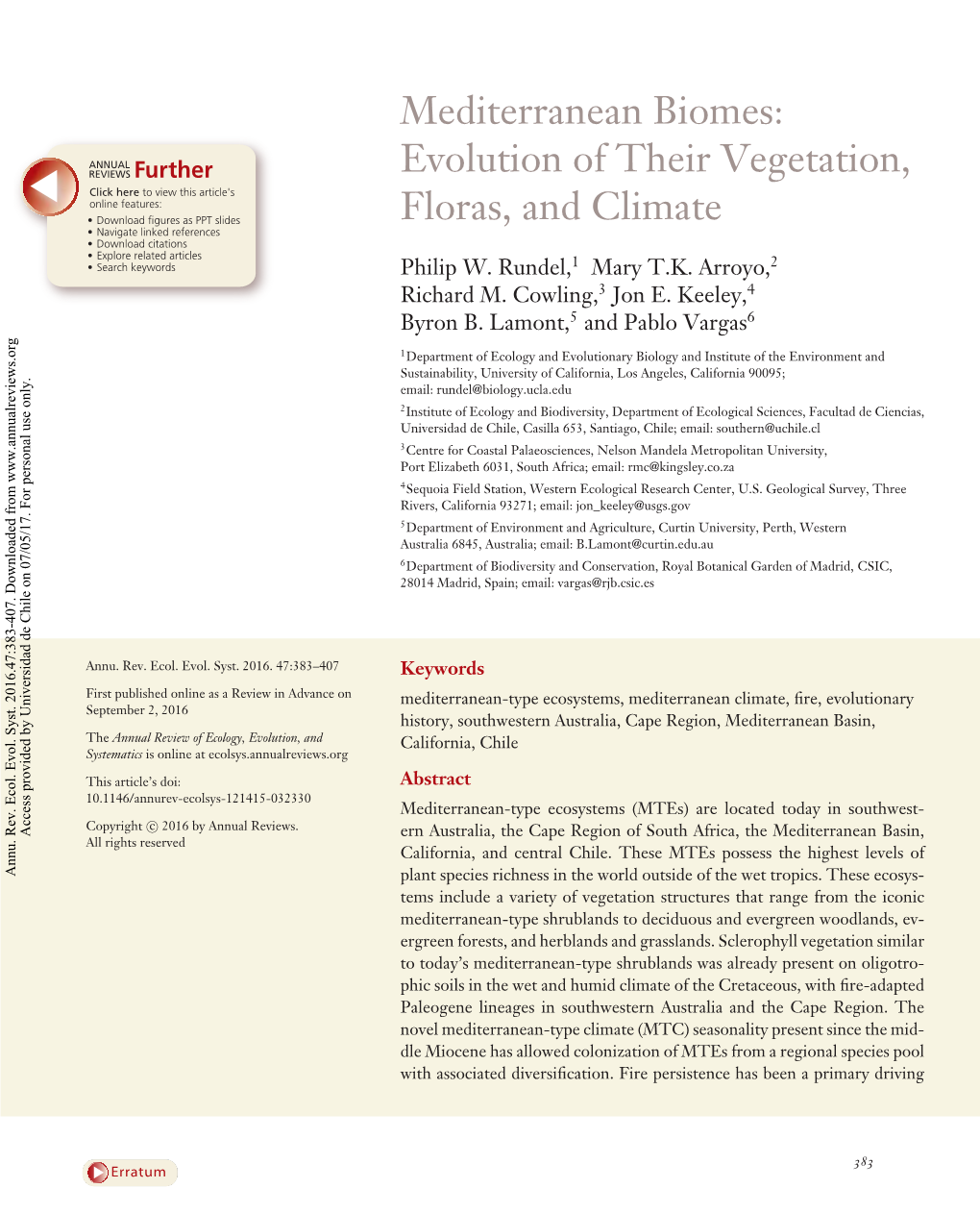 Mediterranean Biomes: Evolution of Their Vegetation, Floras, and Climate Philip W