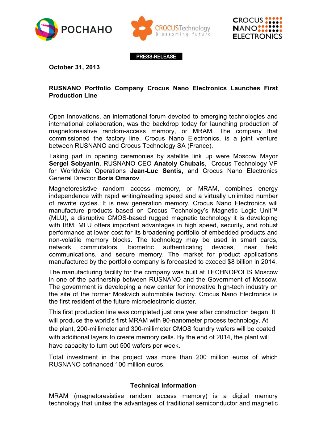 October 31, 2013 RUSNANO Portfolio Company Crocus Nano Electronics