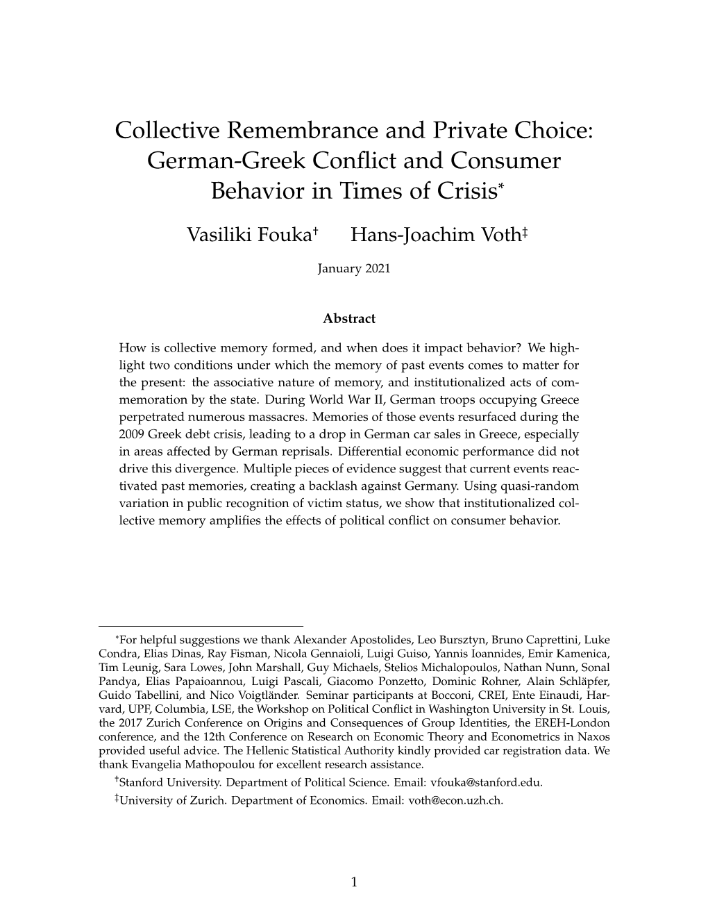 Collective Remembrance and Private Choice: German-Greek Conﬂict and Consumer Behavior in Times of Crisis*