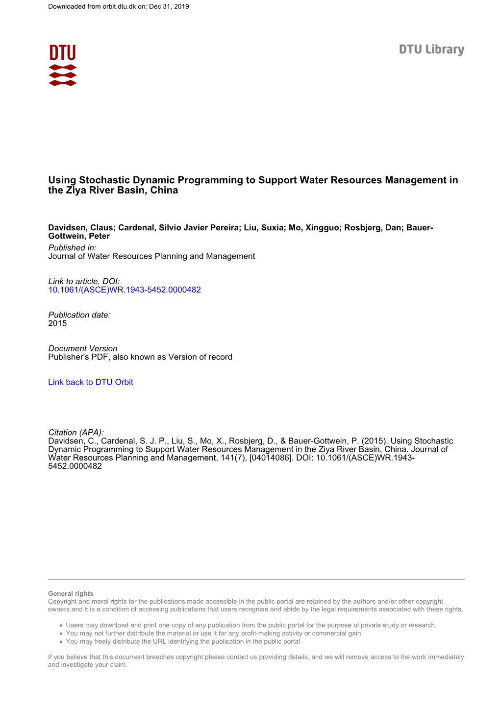 Using Stochastic Dynamic Programming to Support Water Resources Management in the Ziya River Basin, China