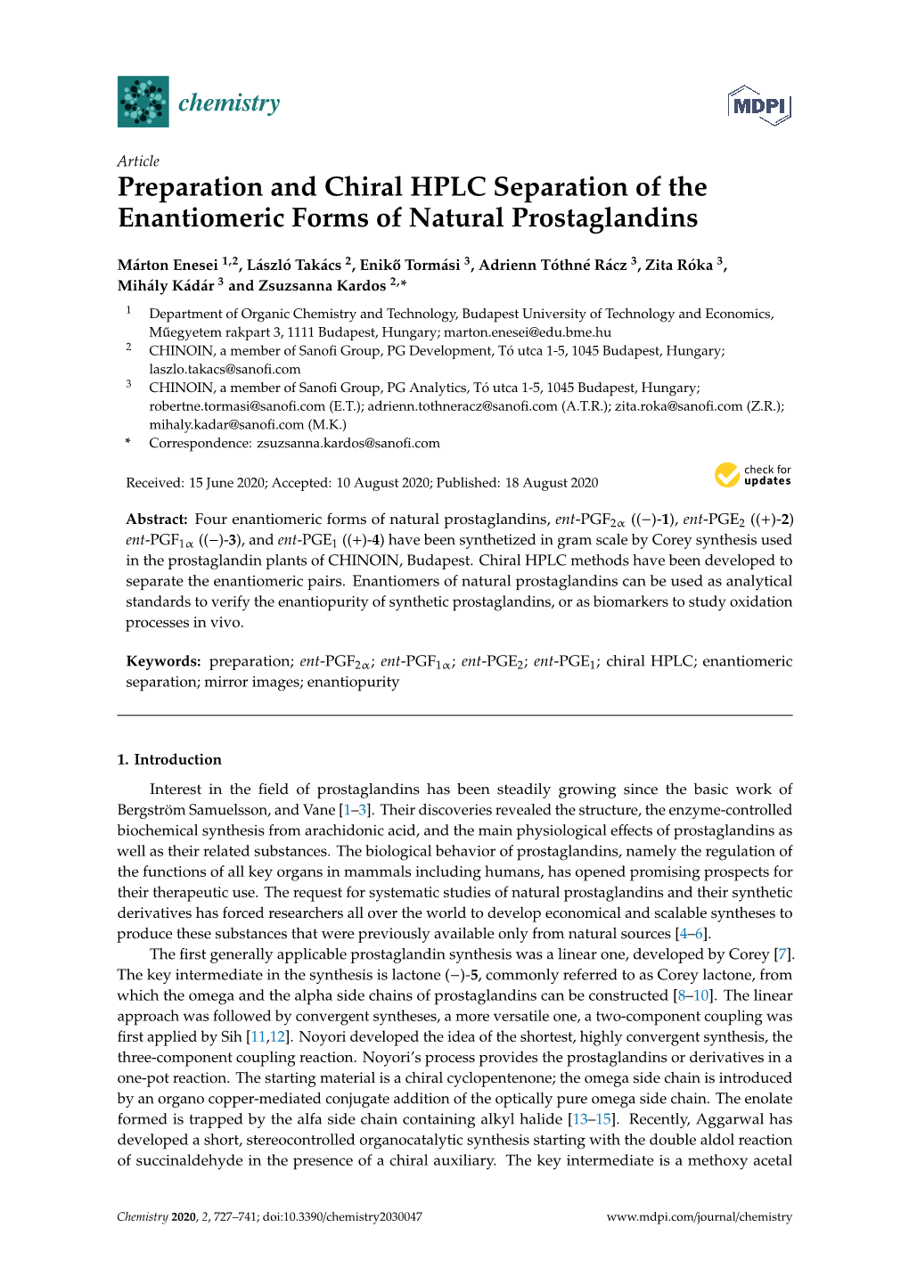 Preparation and Chiral HPLC Separation of the Enantiomeric Forms of Natural Prostaglandins