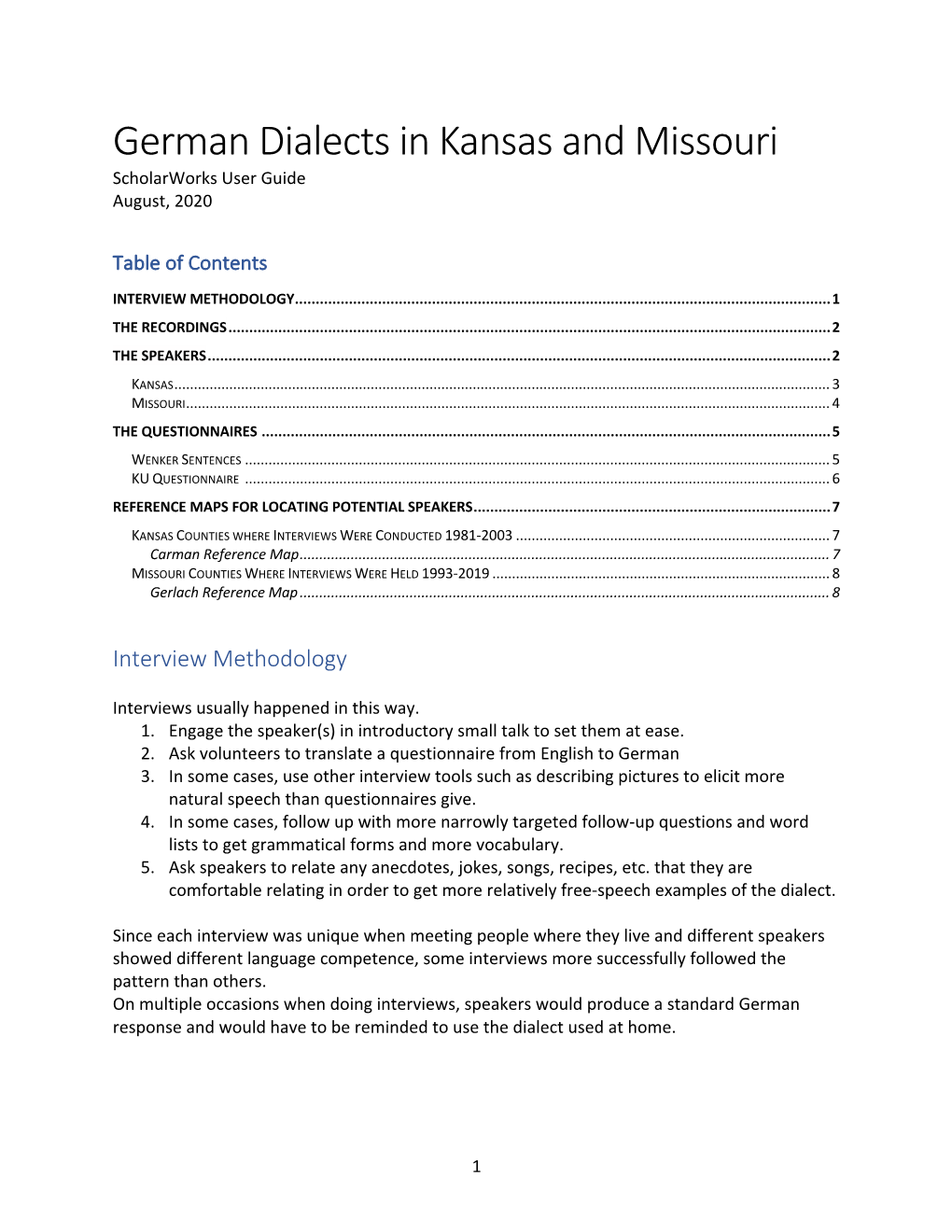 German Dialects in Kansas and Missouri Scholarworks User Guide August, 2020