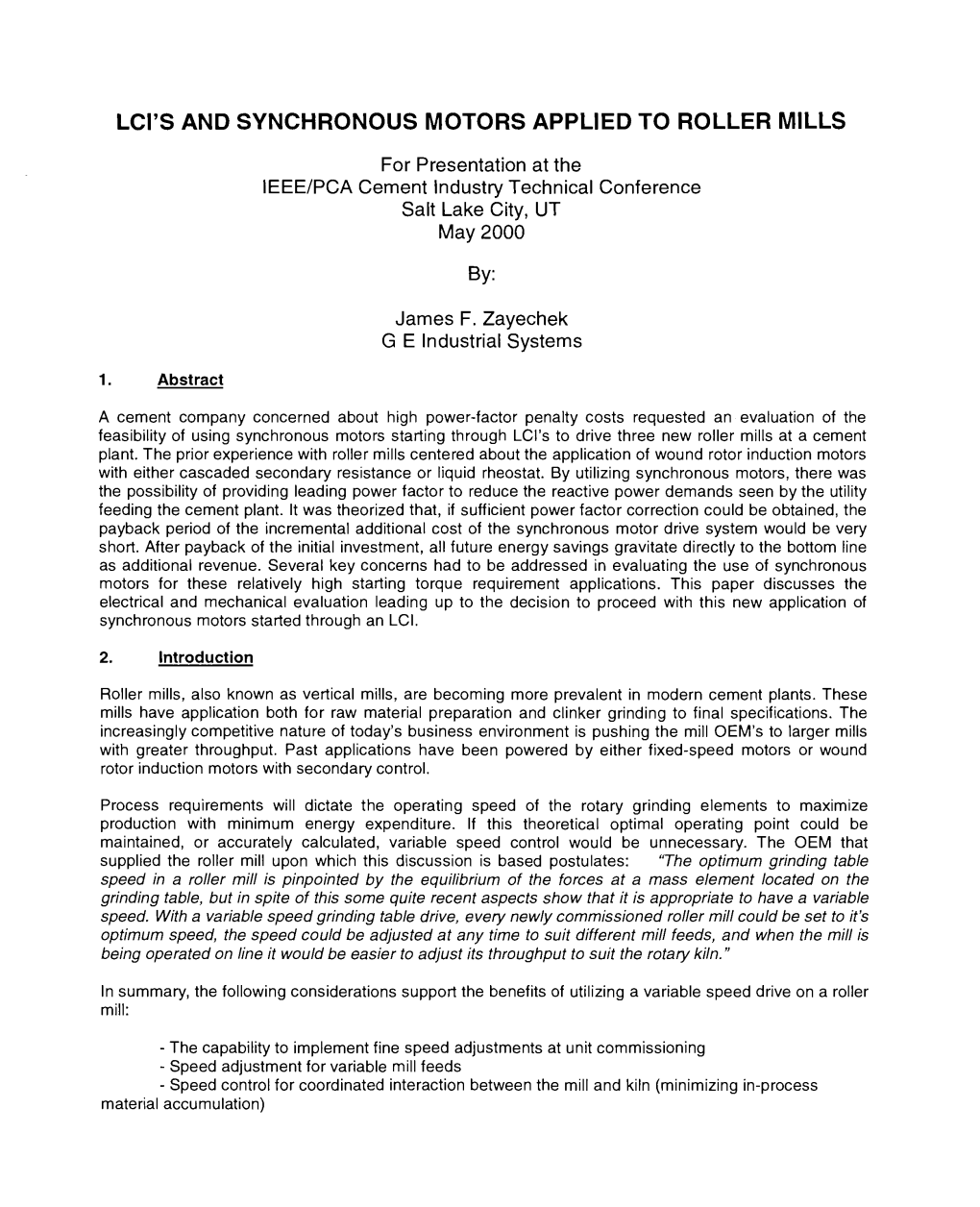 Lci's and Synchronous Motors Applied to Roller Mills