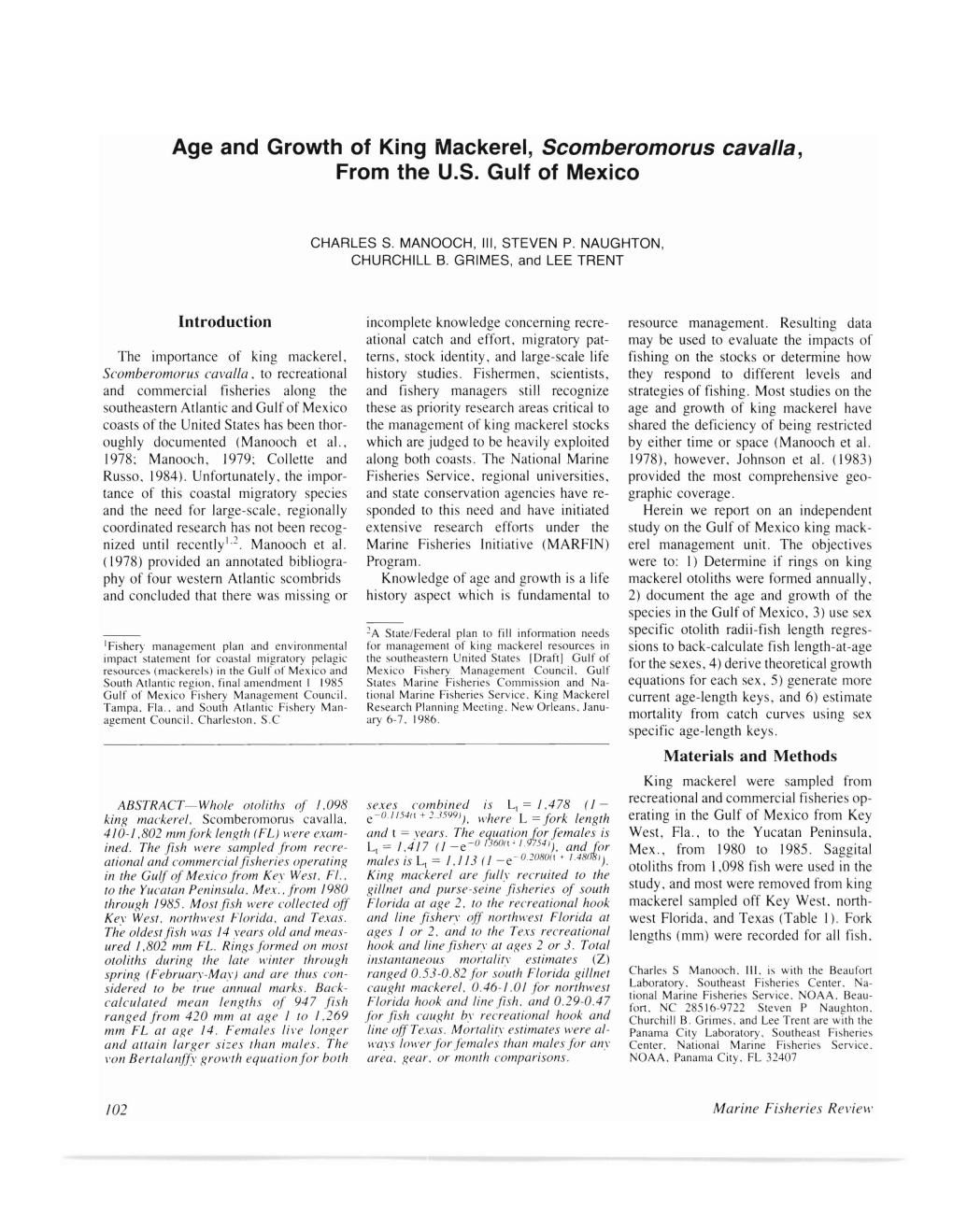 Age and Growth of King Mackerel, Scomberomorus Cavalla, from the U.S