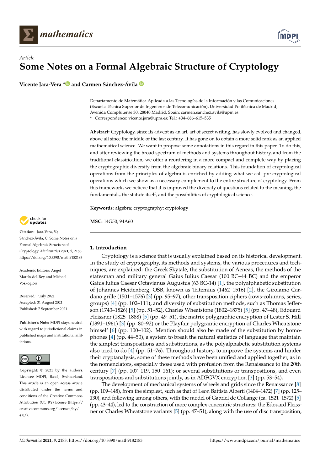 Some Notes on a Formal Algebraic Structure of Cryptology