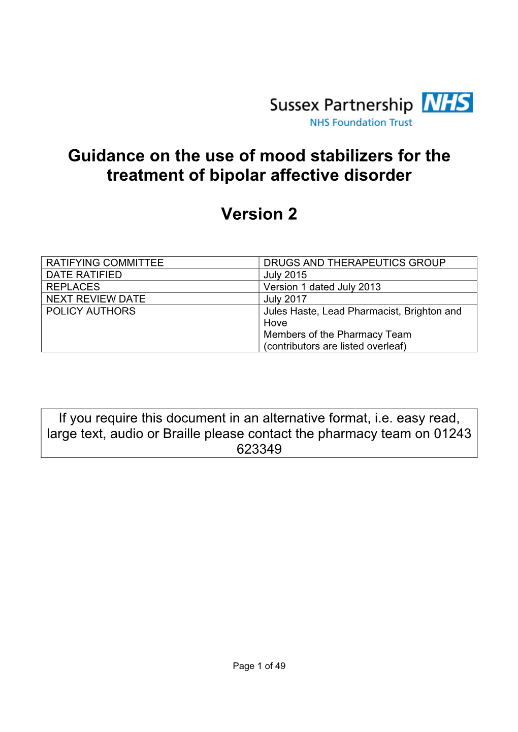 Guidance on the Use of Mood Stabilizers for the Treatment of Bipolar Affective Disorder Version 2