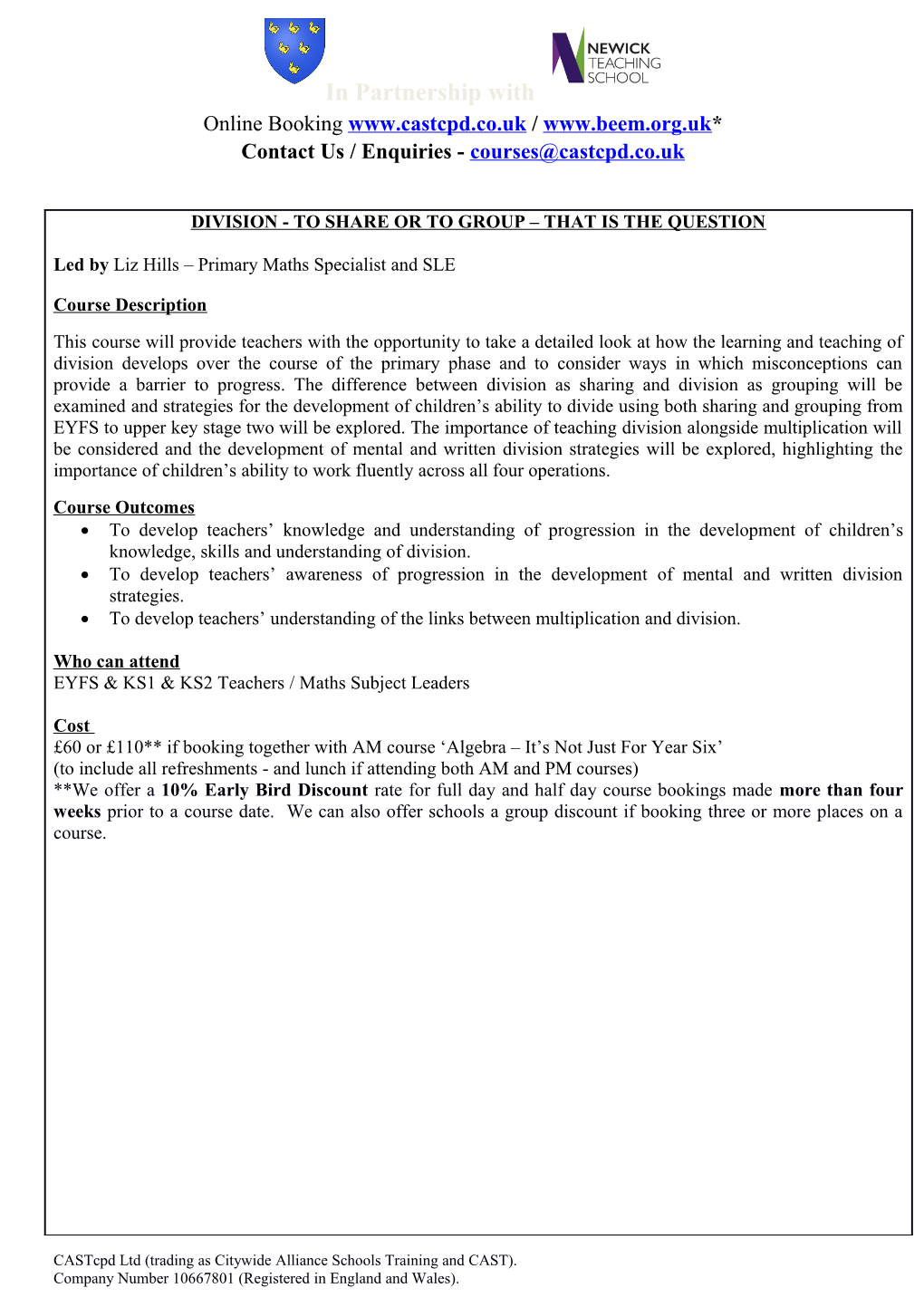 Castcpd Ltd (Trading As Citywide Alliance Schools Training and CAST)