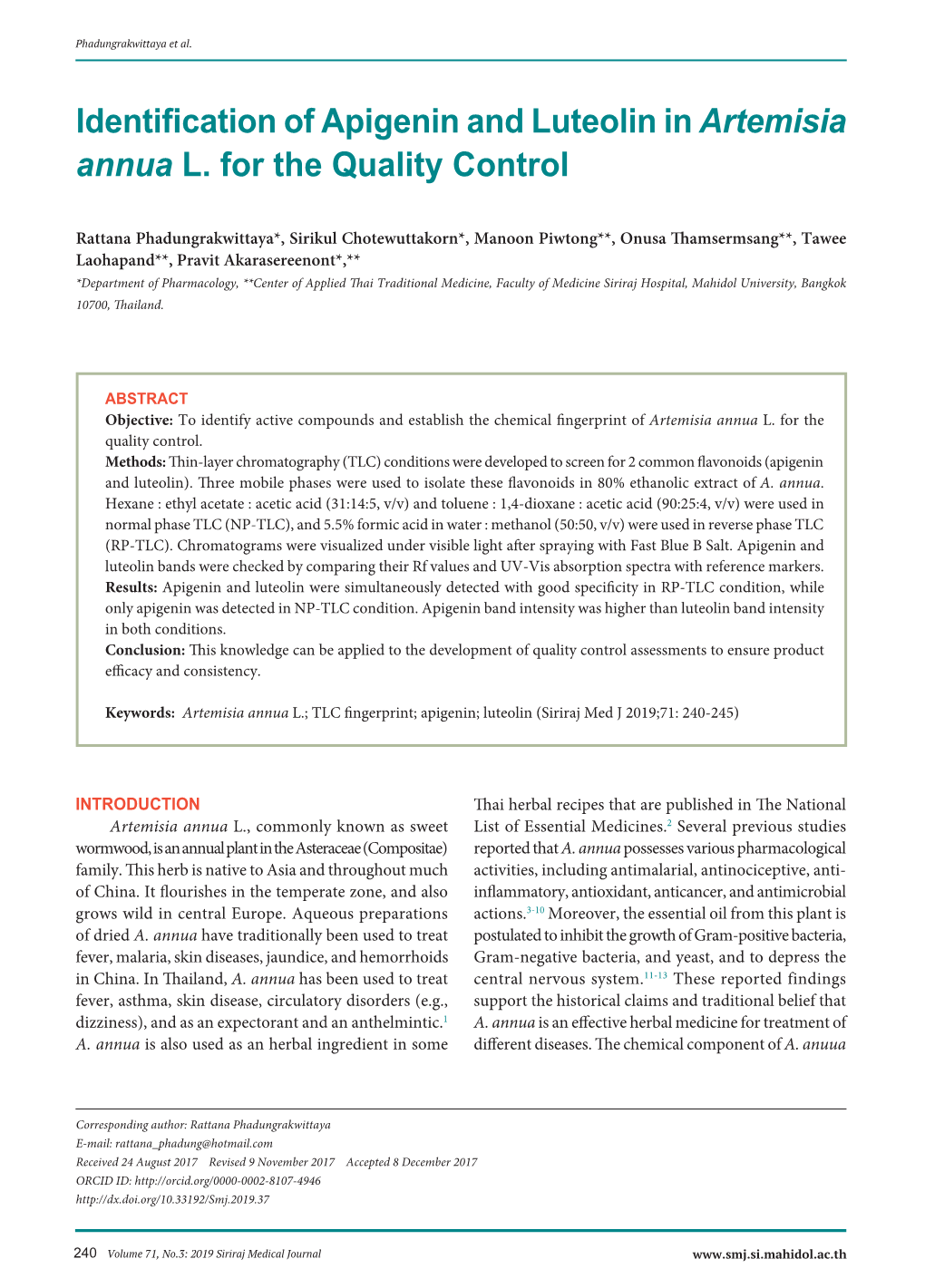 Identification of Apigenin and Luteolin in Artemisia Annua L. for the Quality