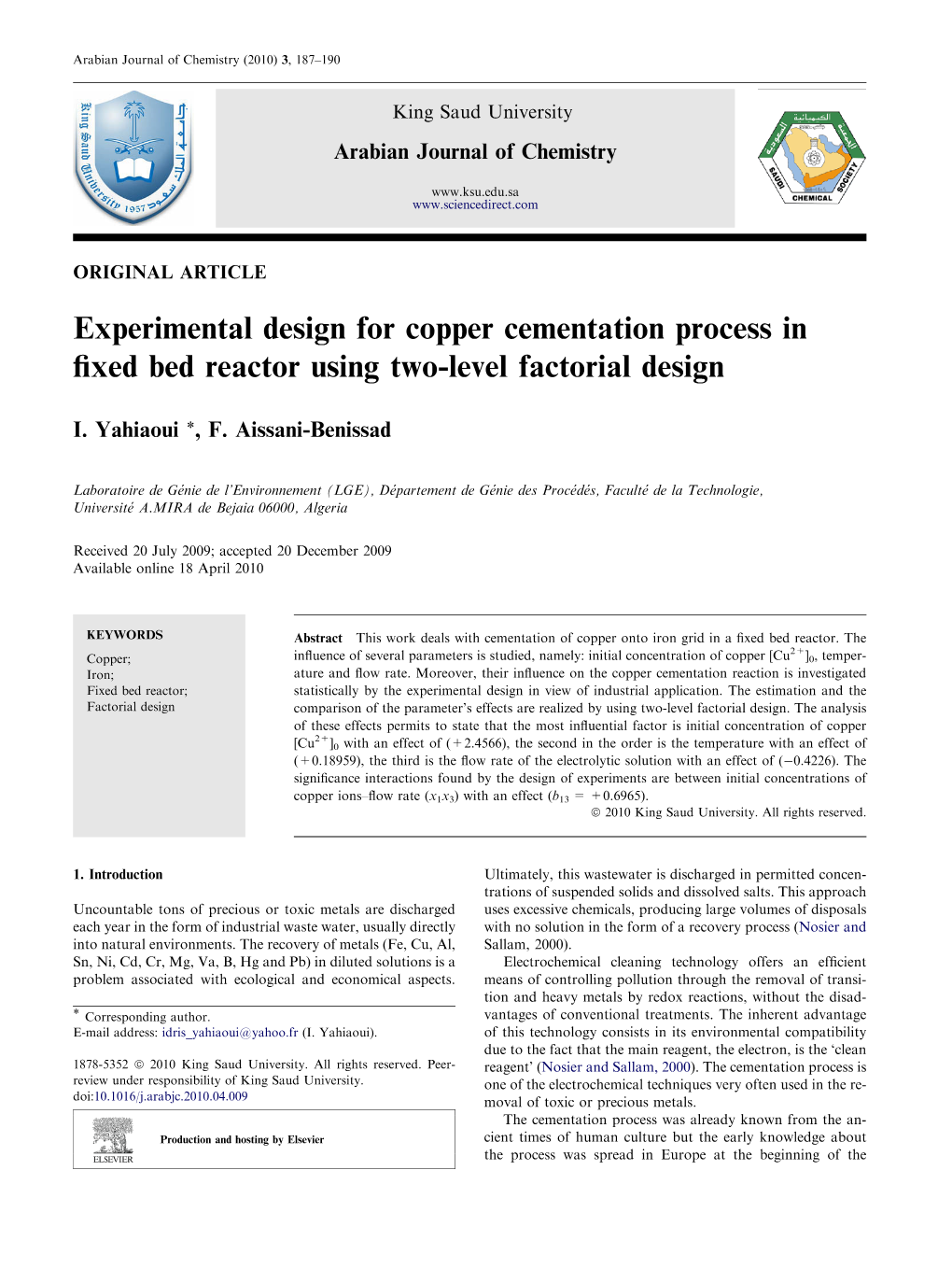 Experimental Design for Copper Cementation Process in Fixed Bed