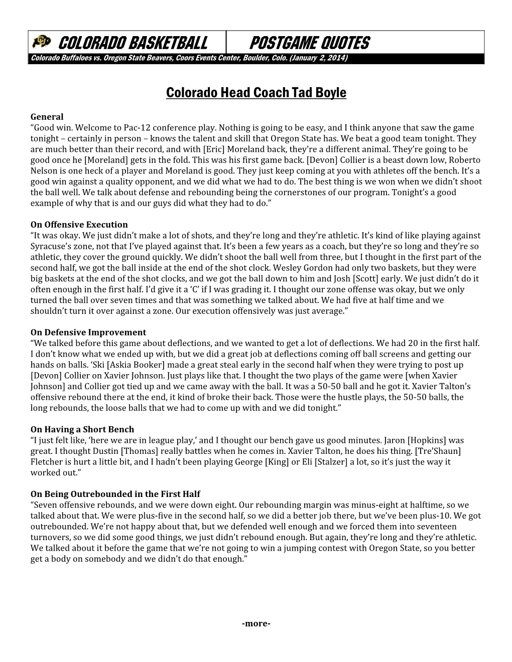 COLORADO Basketball Postgame Quotes Colorado Buffaloes Vs