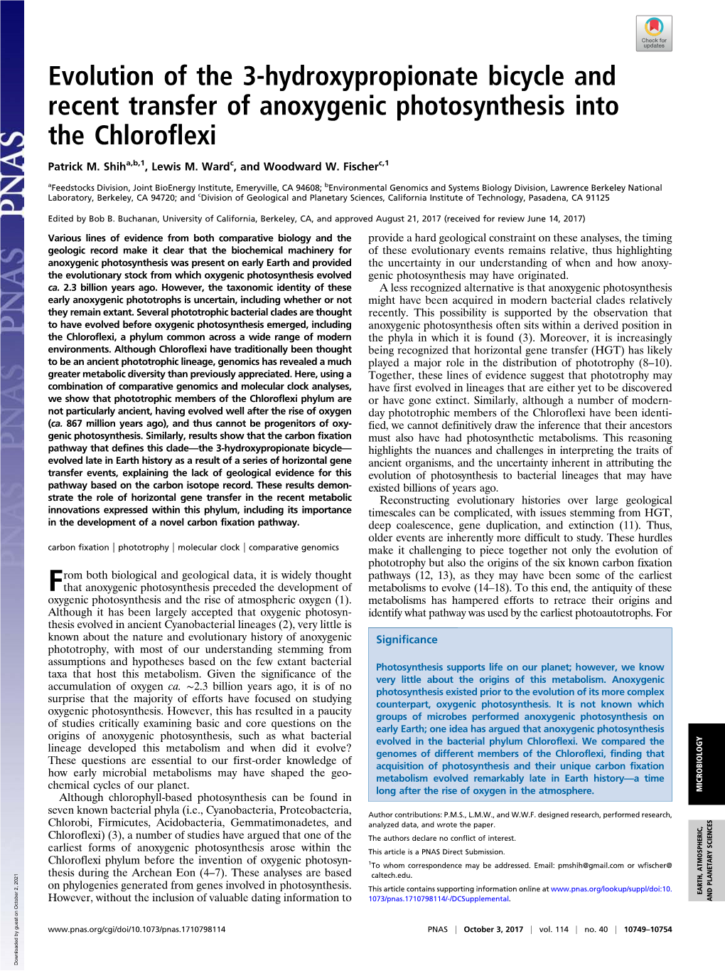 Evolution of the 3-Hydroxypropionate Bicycle and Recent Transfer of Anoxygenic Photosynthesis Into the Chloroflexi