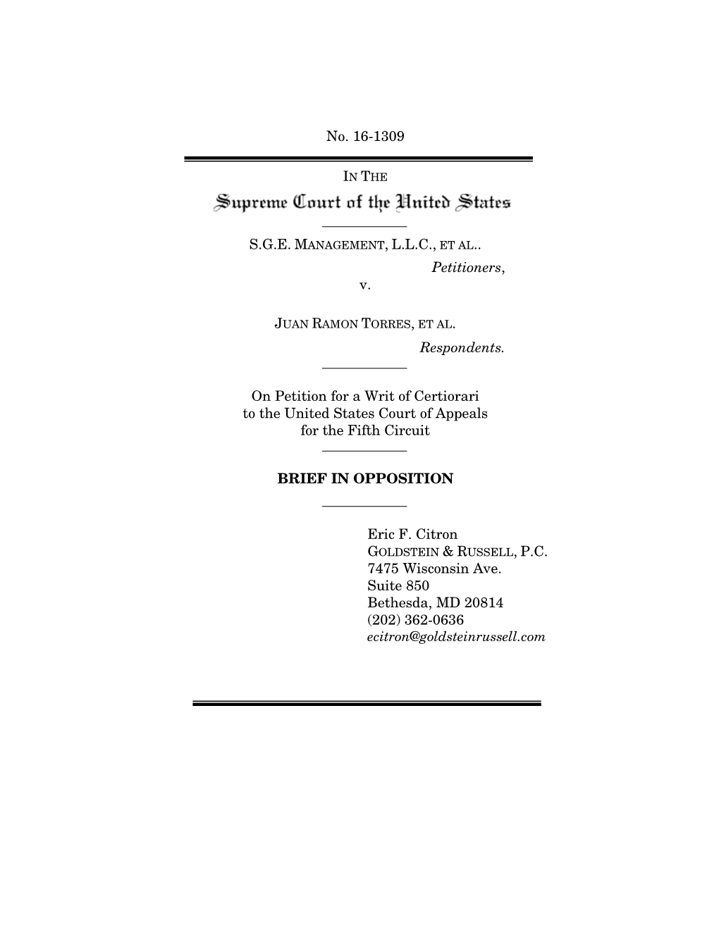 No. 16-1309 S.G.E. MANAGEMENT, L.L.C., Petitioners, V