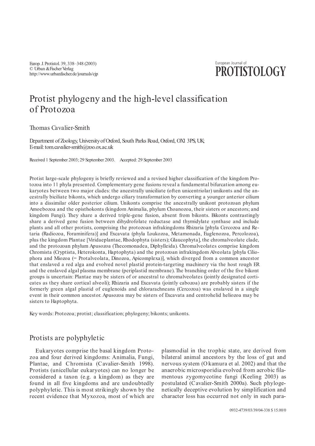 Protist Phylogeny and the High-Level Classification of Protozoa