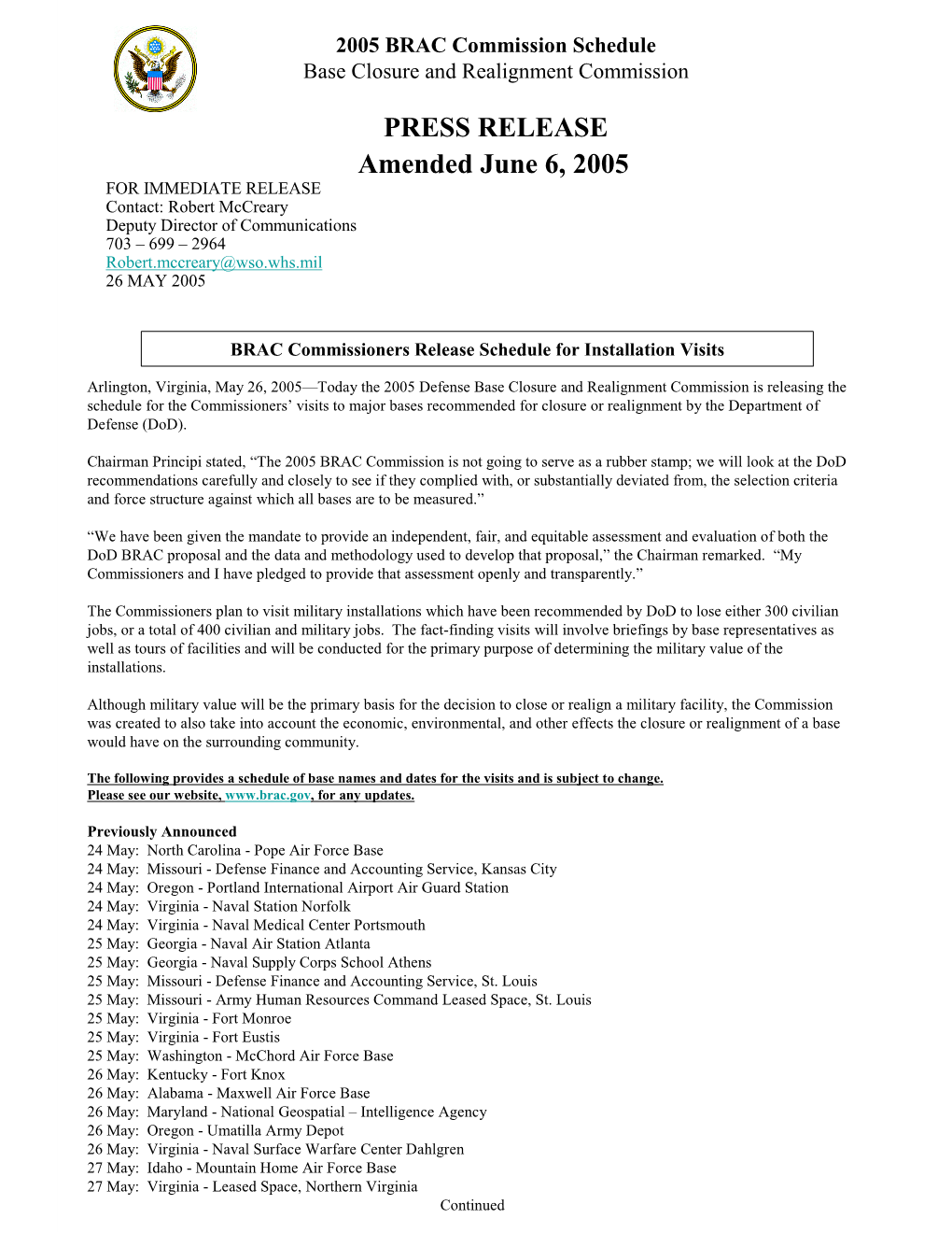 PRESS RELEASE Amended June 6, 2005