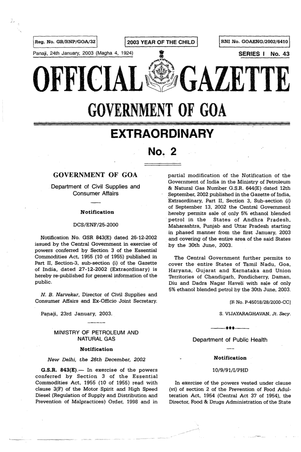 GAZETTE GOVERNMENT of GOA EXTRAORDINARY No