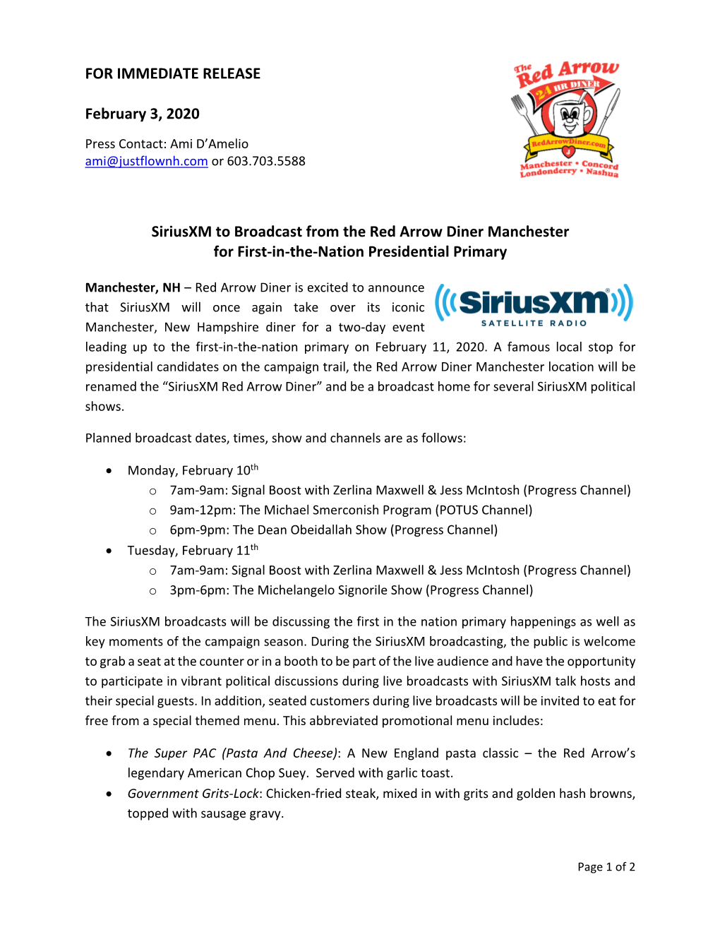 FOR IMMEDIATE RELEASE February 3, 2020 Siriusxm to Broadcast From