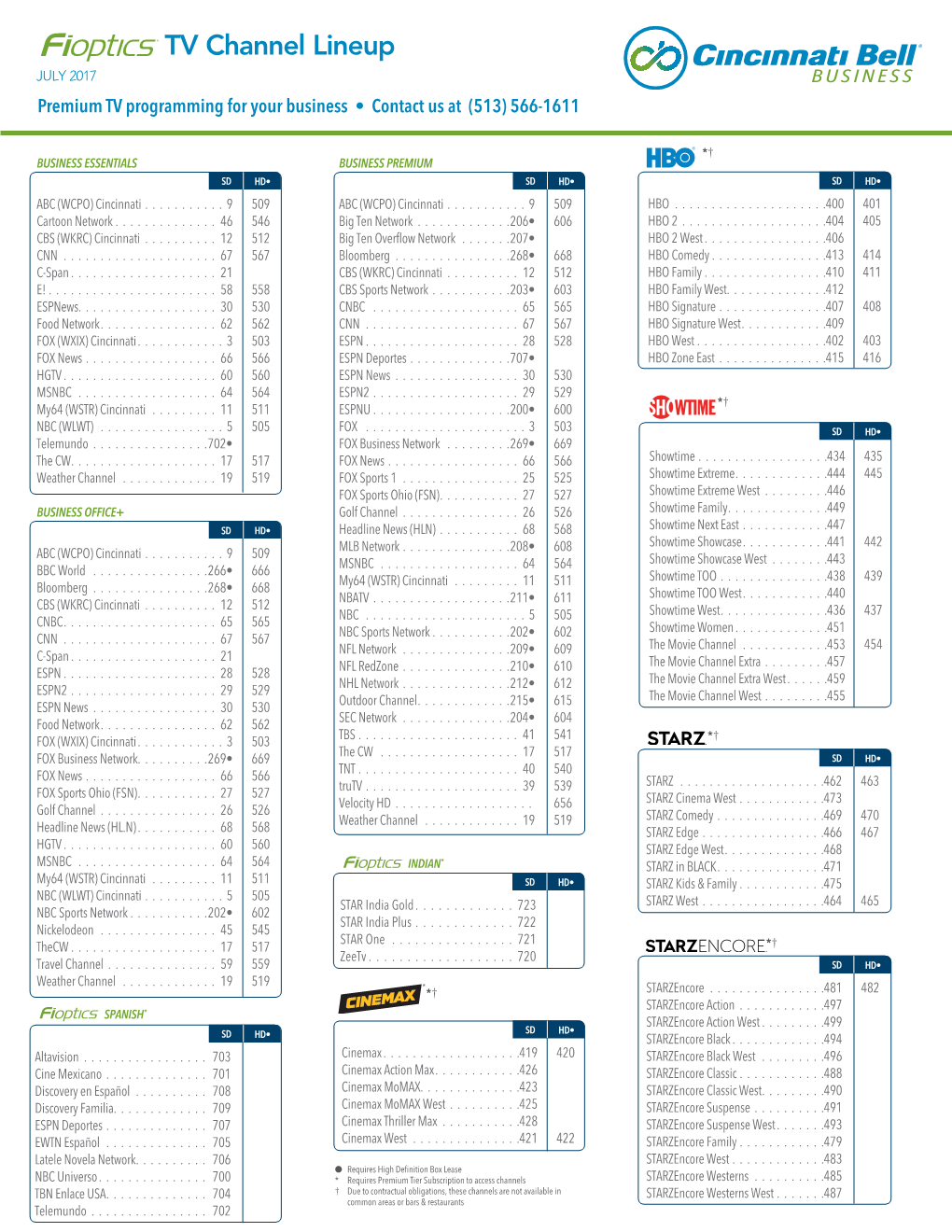 TV Channel Lineup JULY 2017 Premium TV Programming for Your Business • Contact Us at (513) 566-1611