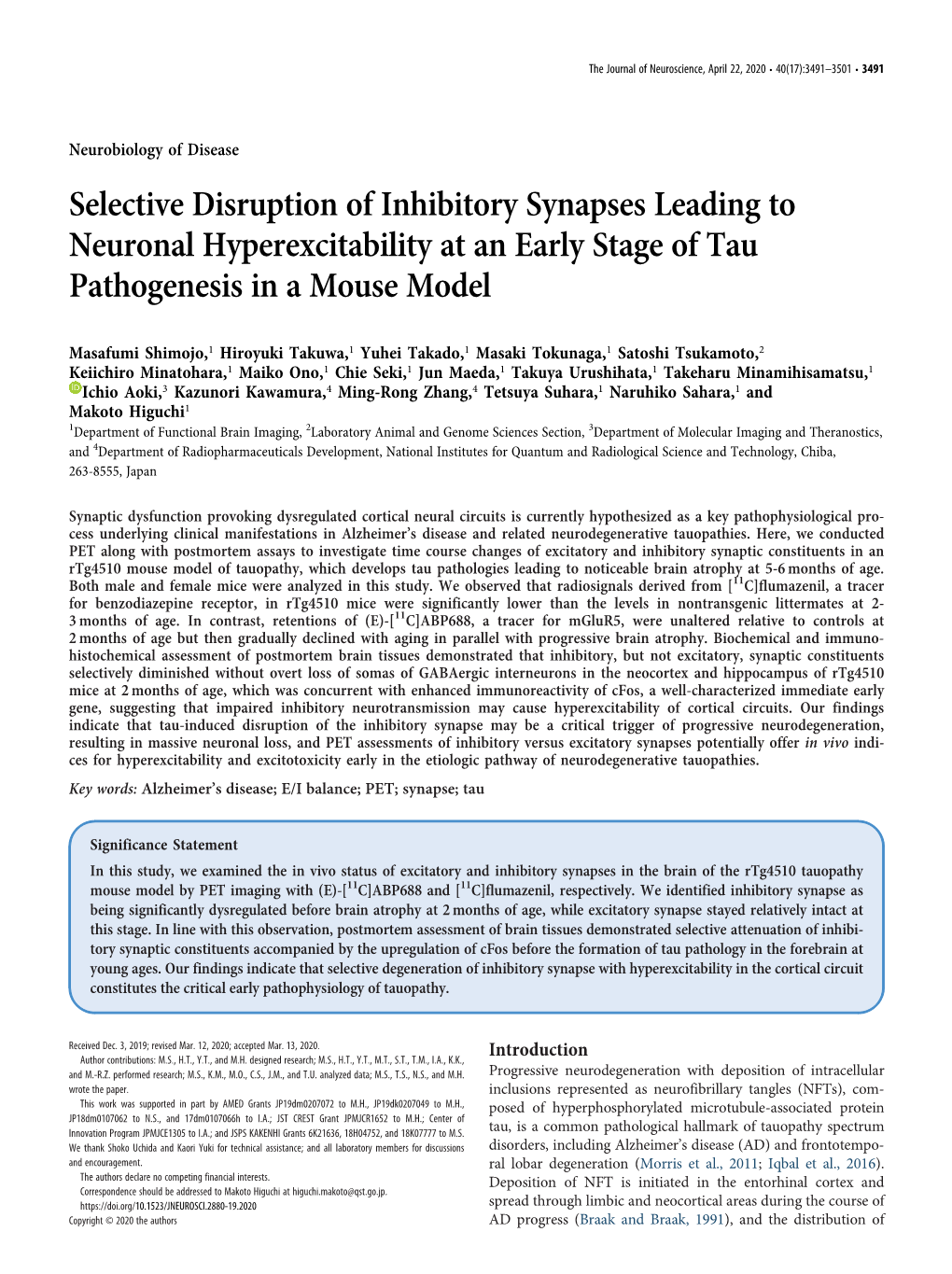 Selective Disruption of Inhibitory Synapses Leading to Neuronal Hyperexcitability at an Early Stage of Tau Pathogenesis in a Mouse Model