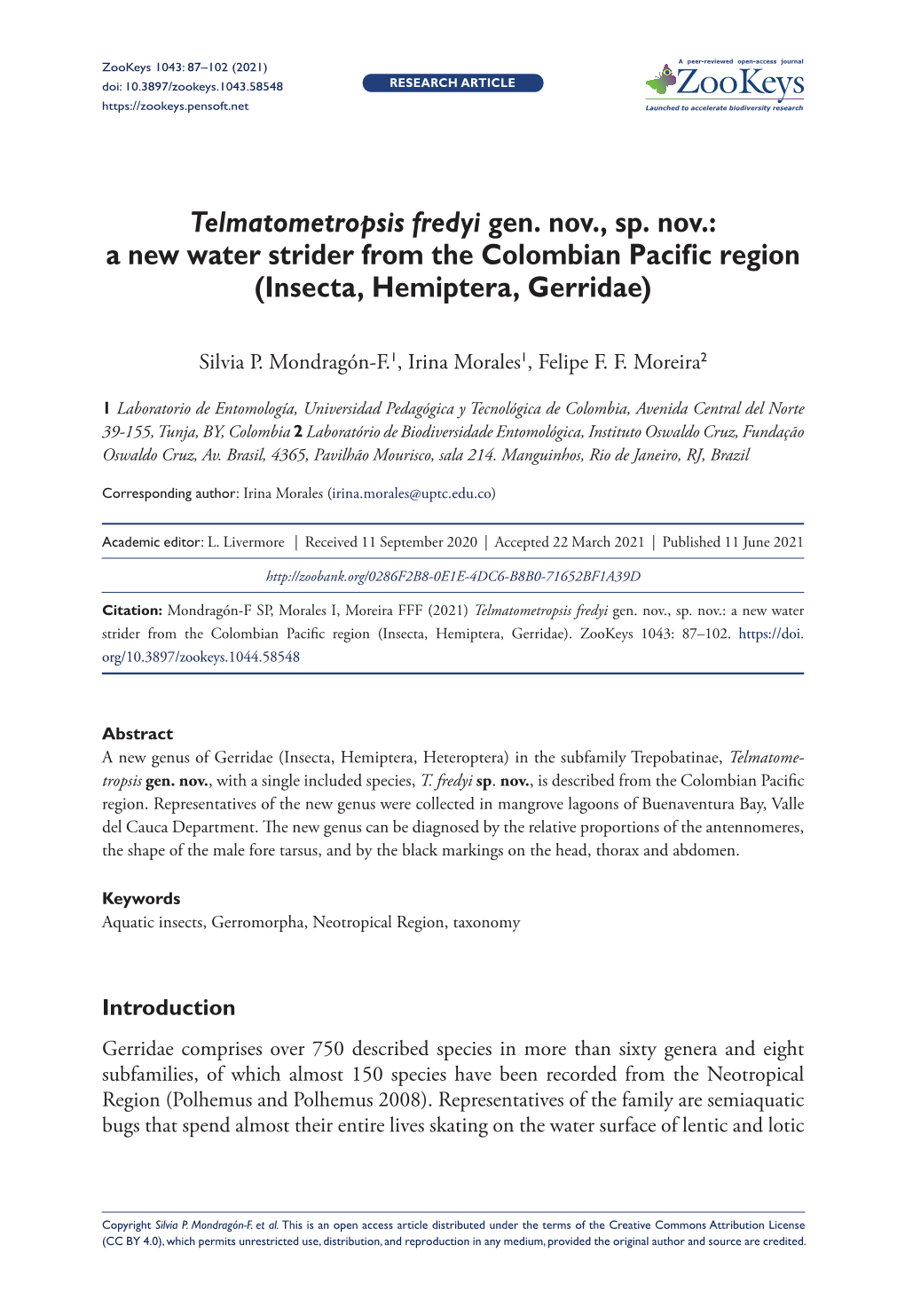 Gen. Nov., Sp. Nov.: a New Water Strider from the Colombian Pacific Region (Insecta, Hemiptera, Gerridae)