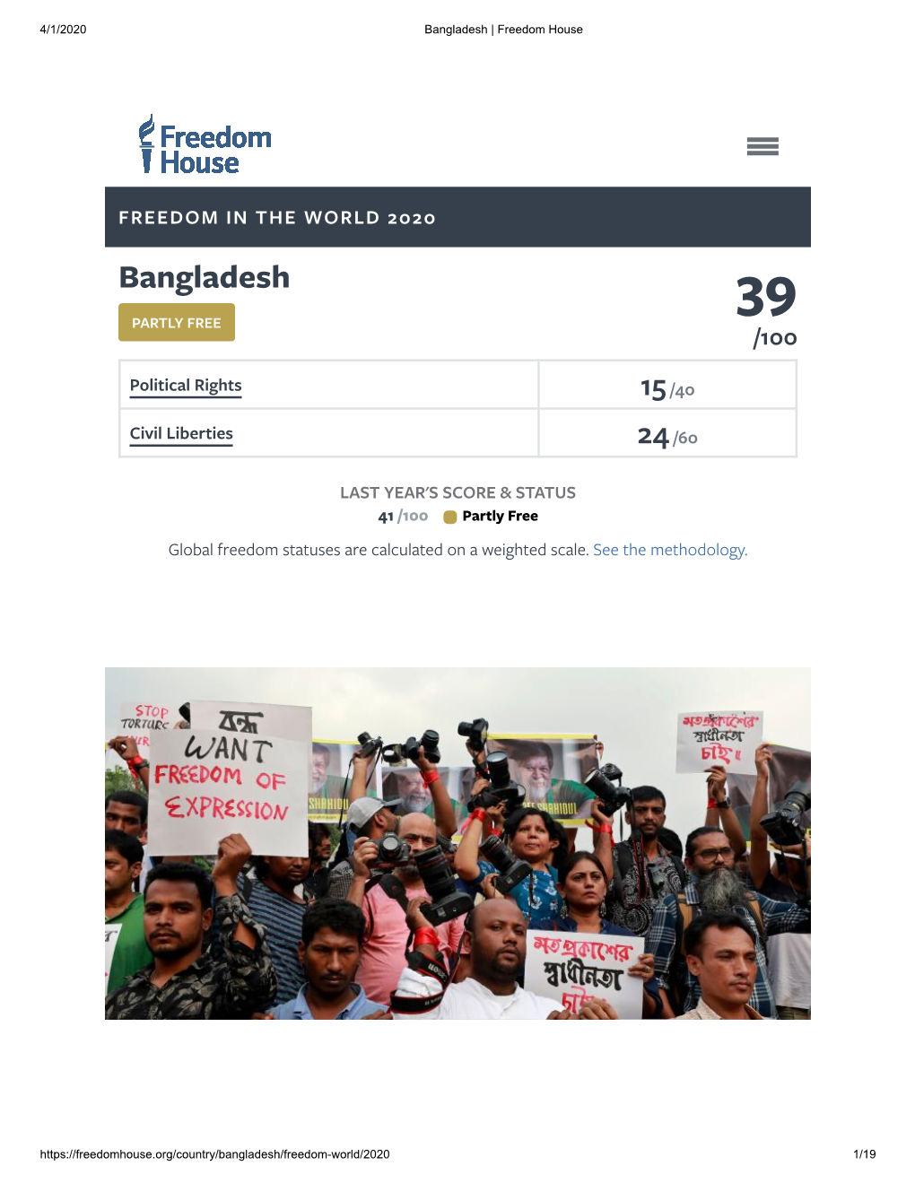 FREEDOM in the WORLD 2020 Bangladesh 39 PARTLY FREE /100