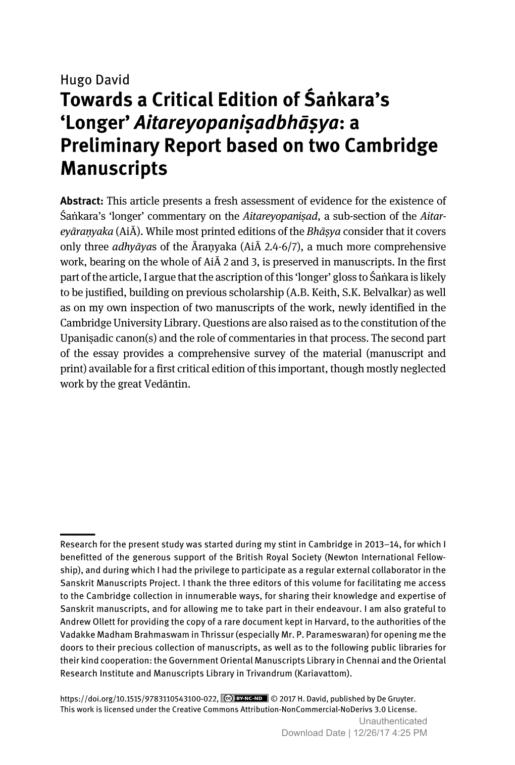 Towards a Critical Edition of Śaṅkara's 'Longer' Aitareyopaniṣadbhāṣya: a Preliminary Report Based on Two Cambridg