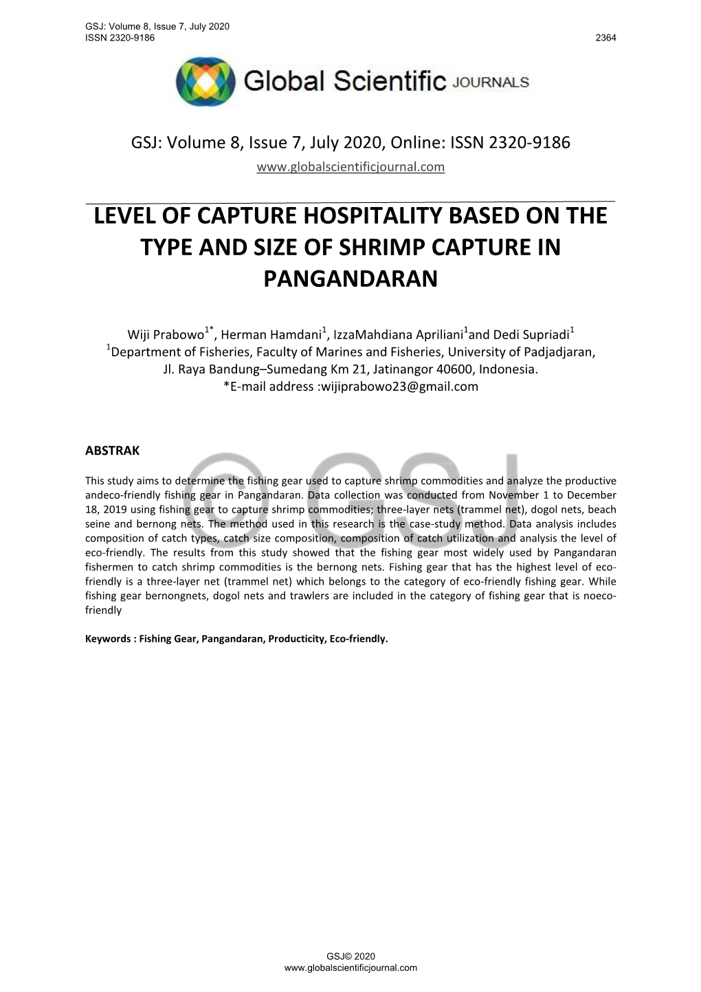 Level of Capture Hospitality Based on the Type and Size of Shrimp Capture in Pangandaran