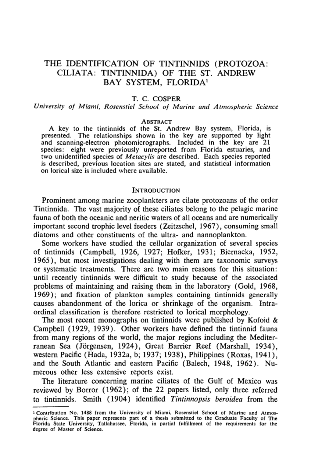 (Protozoa: Ciliata: Tintinnida) of the St. Andrew Bay System, Florida1