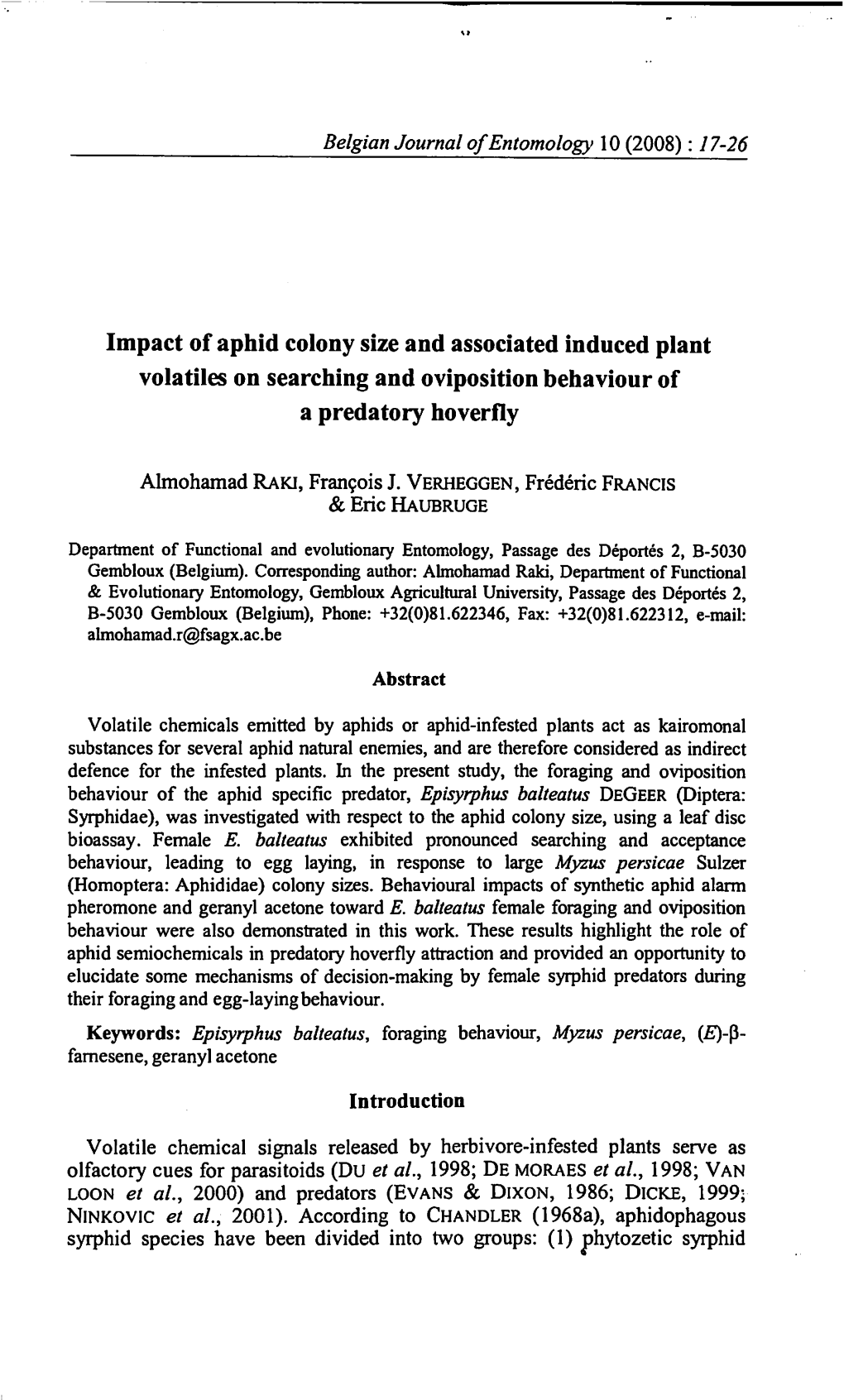 Impact of Aphid Colony Size and Associated Induced Plant Vola Tiles on Searching and Oviposition Behaviour of a Predatory Hoverfly