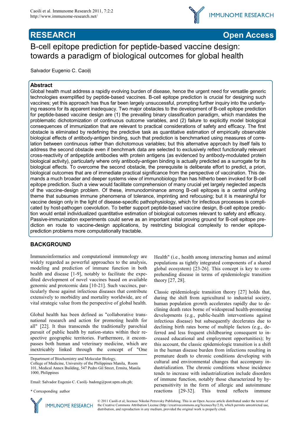 B-Cell Epitope Prediction for Peptide-Based Vaccine Design: Towards a Paradigm of Biological Outcomes for Global Health