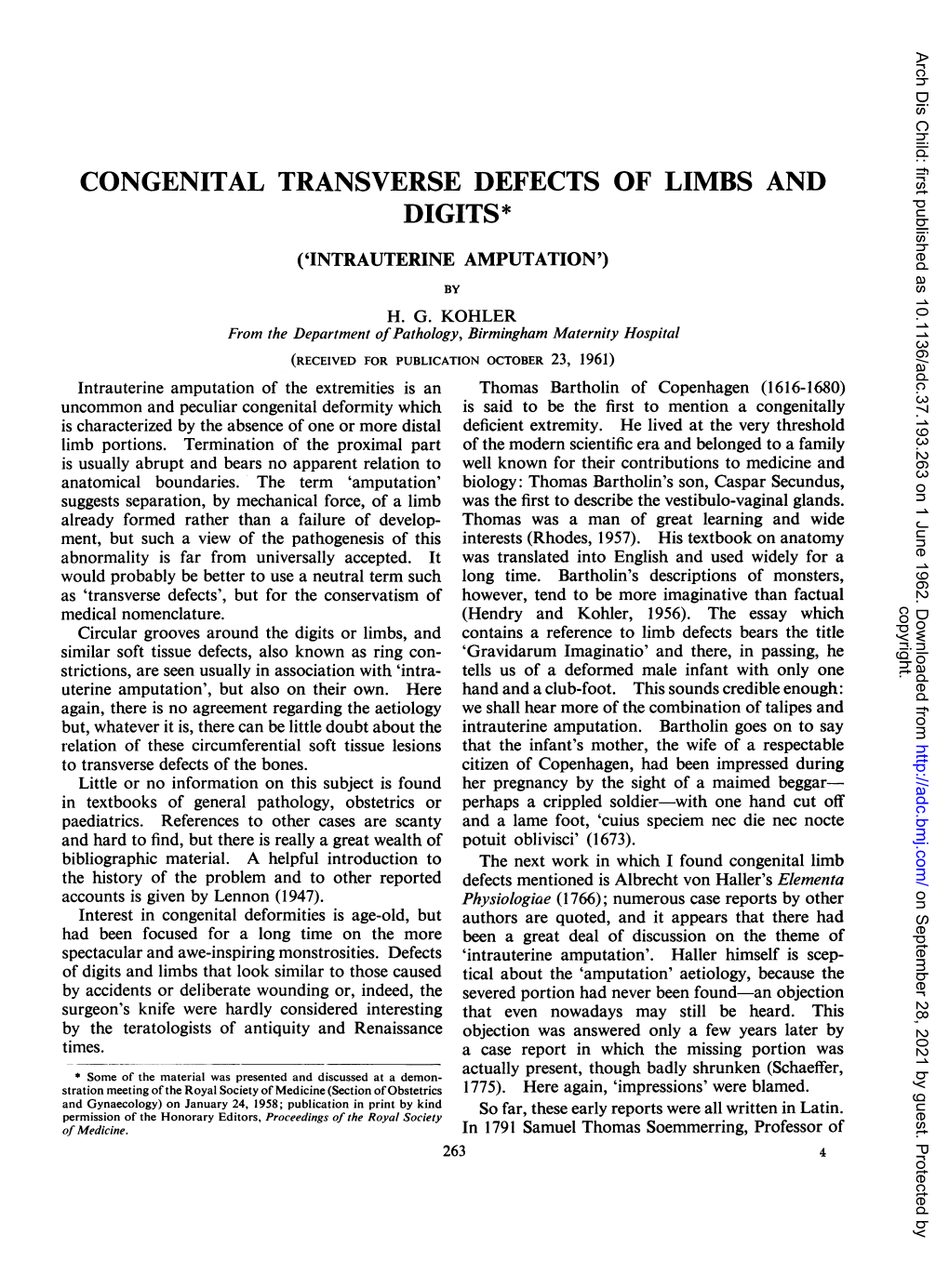 Congenital Transverse Defects of Limbs and Digits* ('Intrauterine Amputation') by H